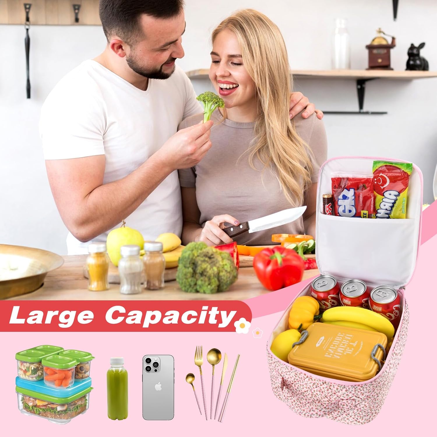 Aileam Lunch Box for Women Cute Lunch Bag Quilted Reusable Insulated Lunch Box Aesthetic Lunch Tote Bags Floral Cotton Lunch Case for Travel Work Picnic (PINK DITSY) - Image 3