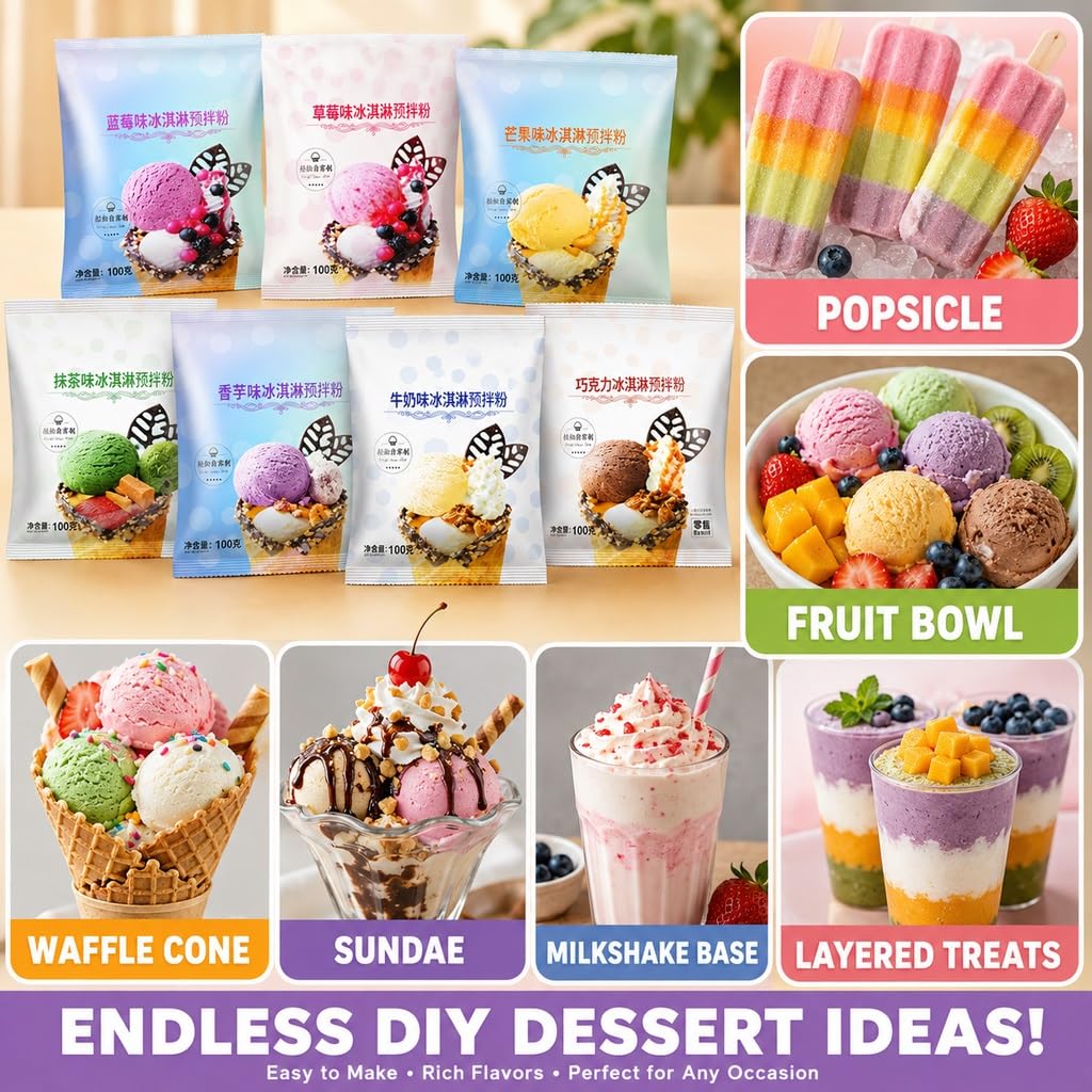 Mezcla Casera De Helado En Polvo: 7 Sabores, Paquete 100 G For Casero Blando/duro, Fácil Usar