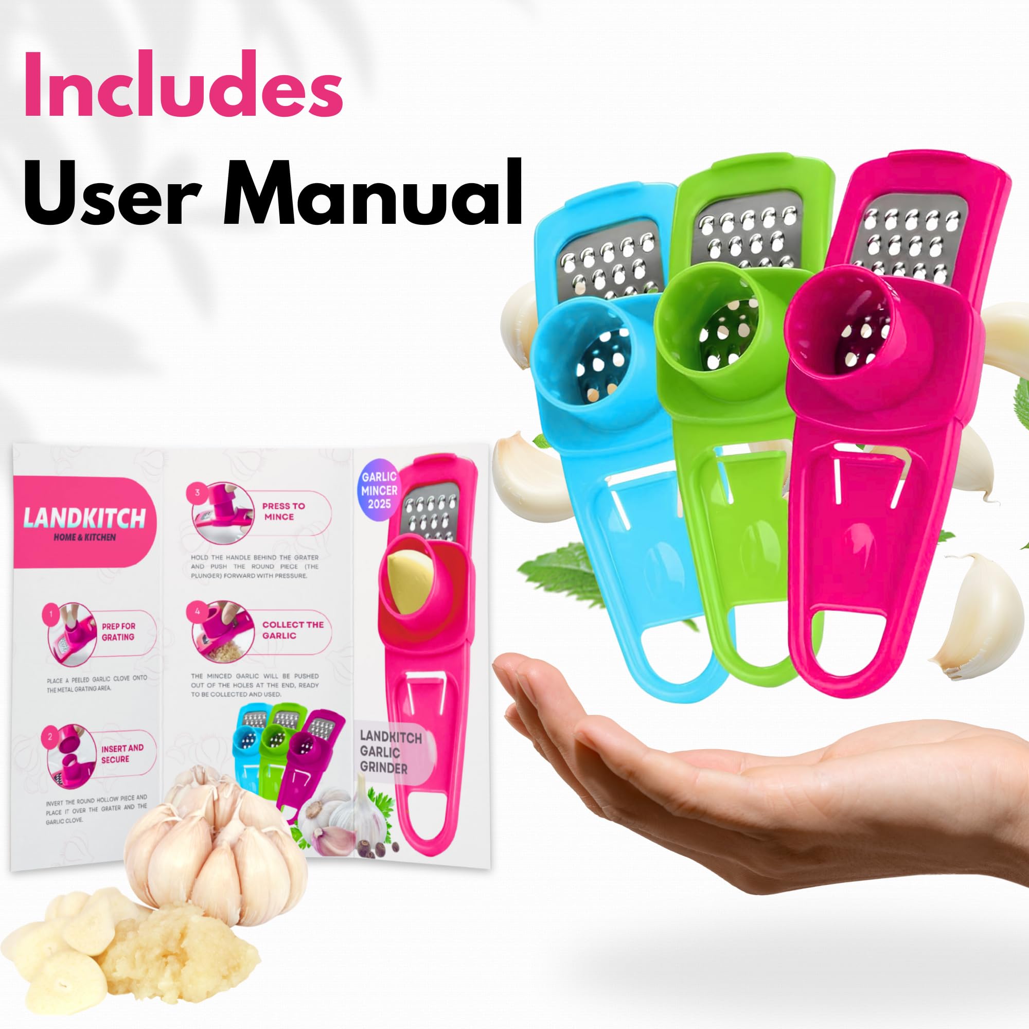 Molinillo de ajo, molinillo de ajo de mano, molinillo de mano pequeño para ajo, cortador de ajo, picadora de ajos, prensa de ajo, herramientas especiales de mano (rosa)