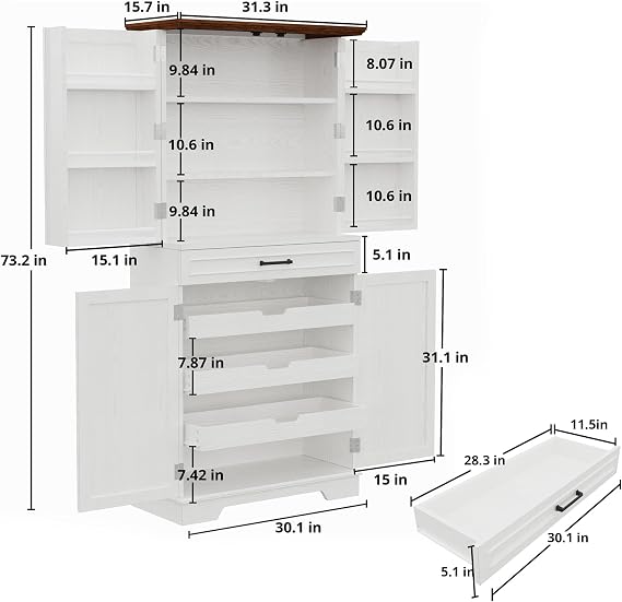 IRONCK 72 Kitchen Pantry Cabinet with Sliding Rack & Adjustable Shelves