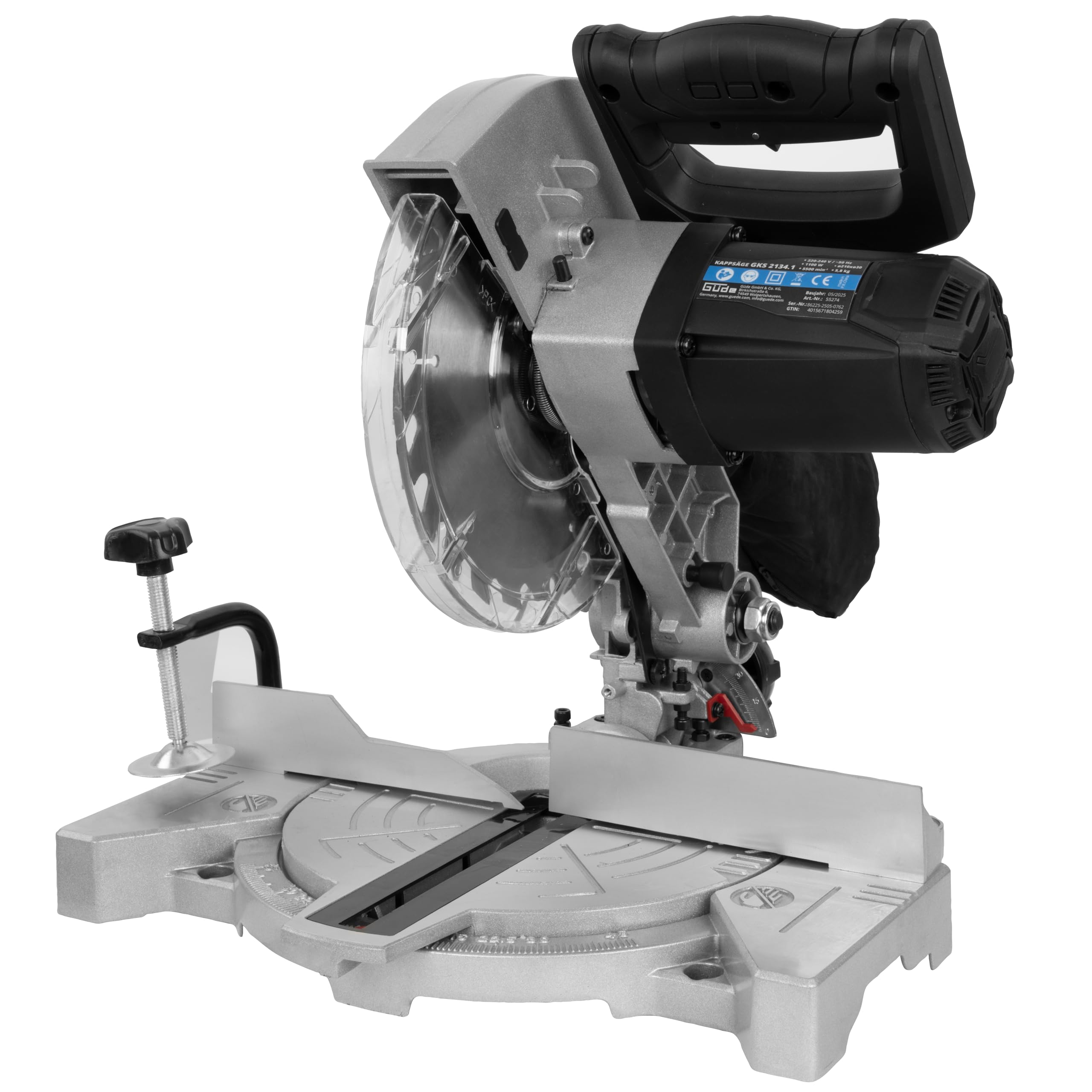 Güde Piła ukośna GKS 2134.1 (230 V, 1100 W, prędkość obrotowa silnika 5500 1/min, średnica brzeszczotu 210 mm, głowica obracana do 45°, zakres cięcia (przy 90°/90°) 60 x 120 mm, skala stopni, w