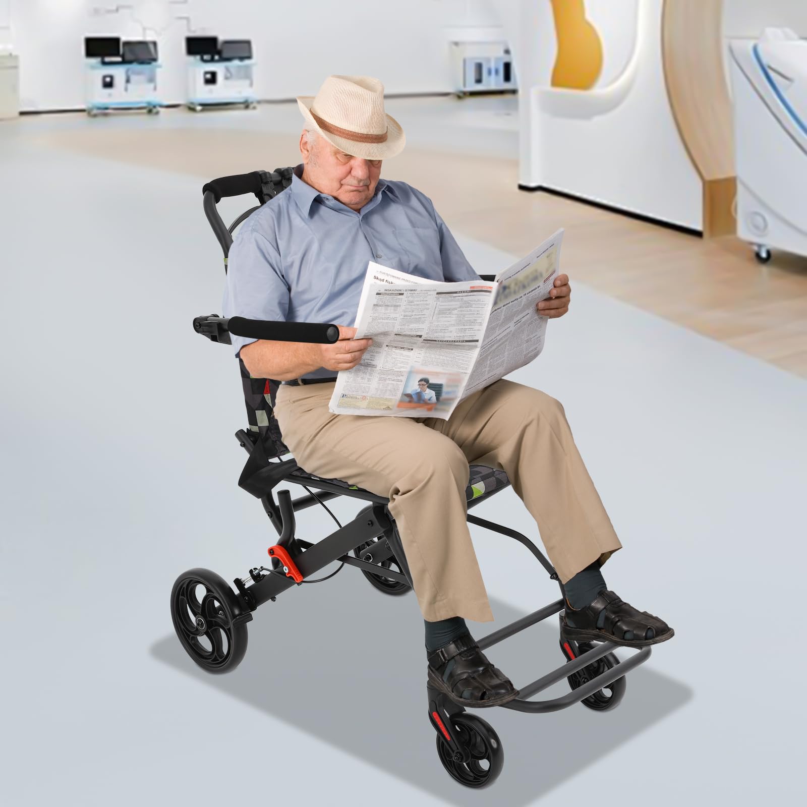 Sedia a rotelle pieghevole leggera in acciaio al carbonio di carico 100 kg, sedia da trasporto medica con schienale reclinabile braccioli 270 °, sedia a rotelle mobilità ridotta da viaggio