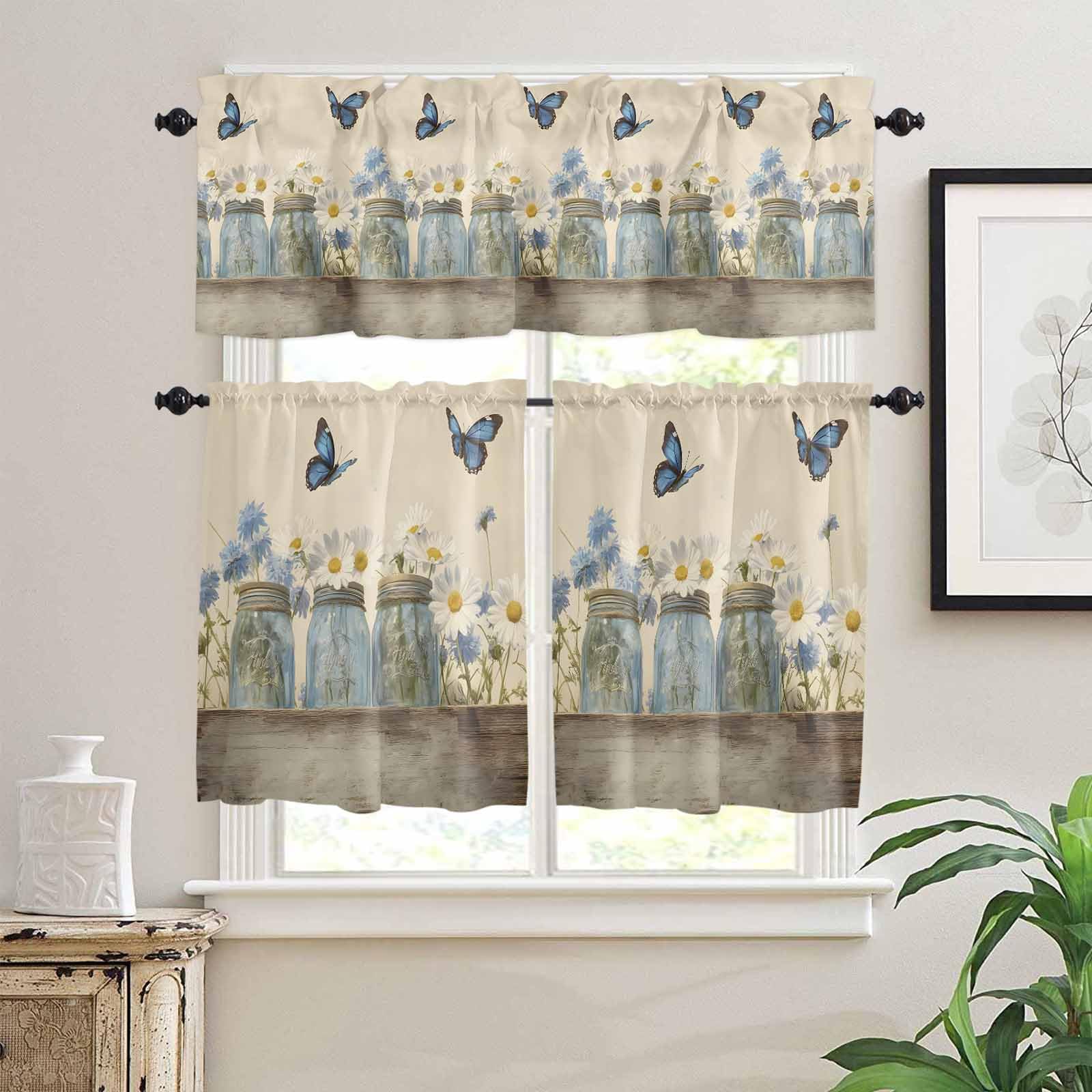 Flower Butterfly Kitchen Curtains 36 Inch Length,3 Piece Rod Pocket Small Half Tiers and Valance Set,Vintage Farm White Blue Daisies Floral Small Large Window Treatment Decor for Bedroom/Bathroom
