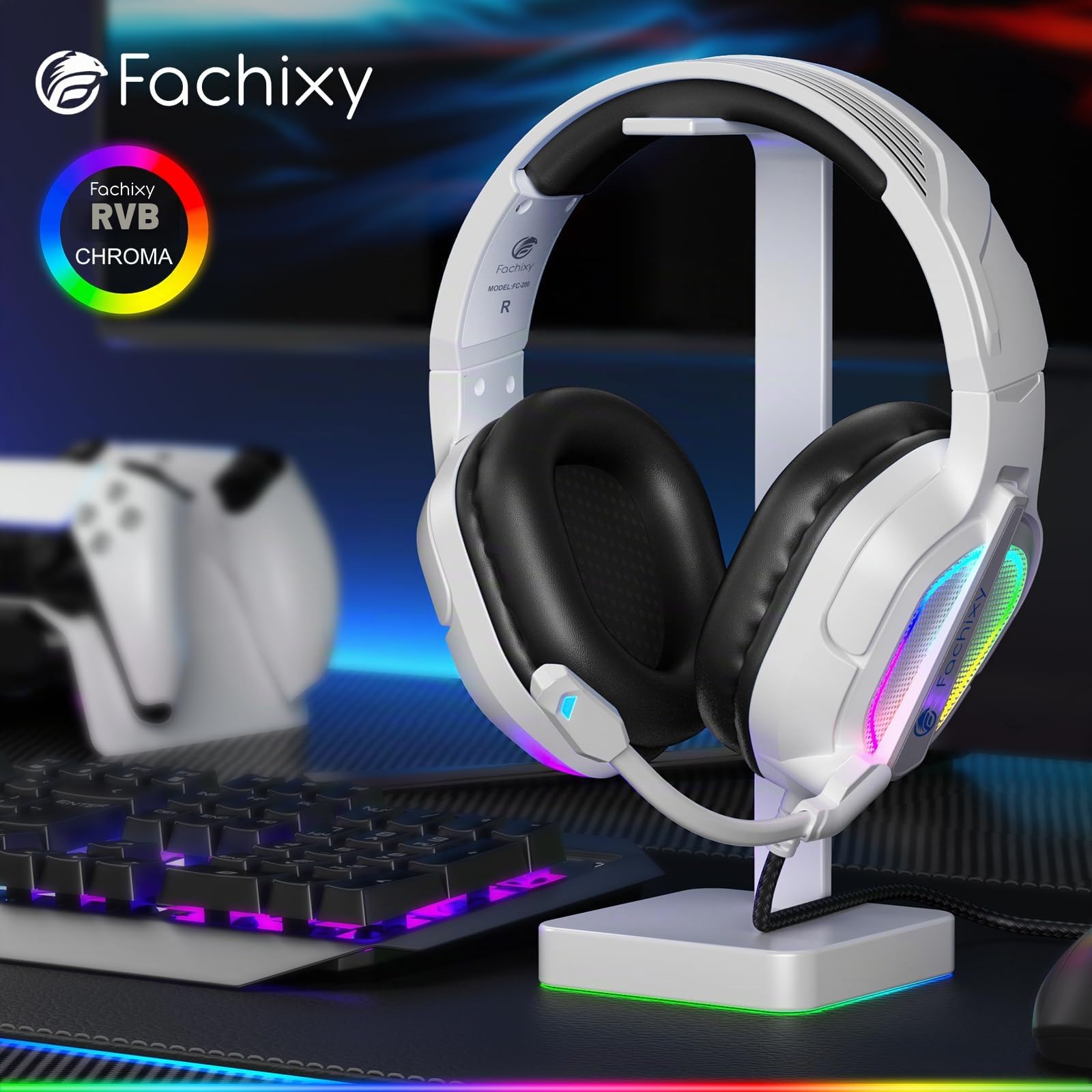 Fachixy FC200 Casque Gaming pour PS5, PS4, PC, Xbox, Nintendo Switch, Casque PS5 avec câble et lumière RGB, Casque stéréo Surround avec Micro, Noise Cancelling Gamer Headphones - Blanc