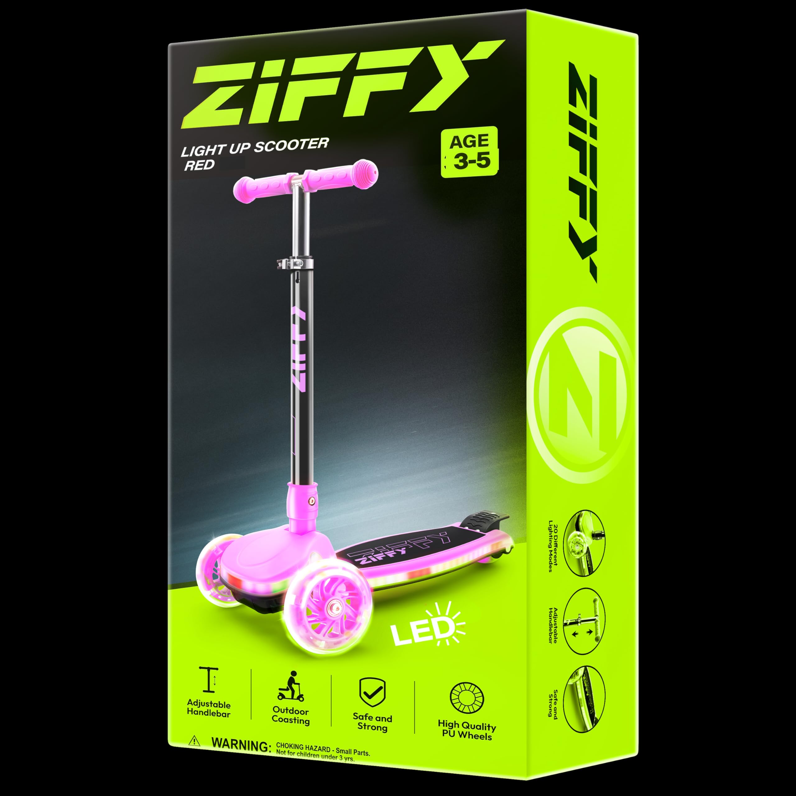ZIFFY Kids Scooter for Boys & Girls LED Light-Up Wheels, 4 Adjustable Height Handlebars, and Lean-to-Steer Design with Anti-Slip Wide Deck for Stability - Up to 110LBS
