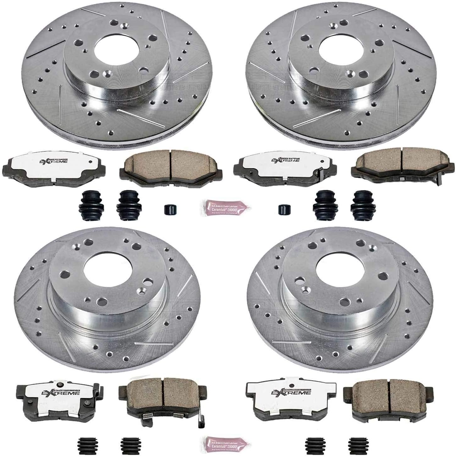 PowerStop Front and Rear Brake Kit for Honda Accord 2003-07 - Carbon-Fiber Ceramic Z26 Brake Pads + Drilled & Slotted Rotors Upgrade, K1047-26