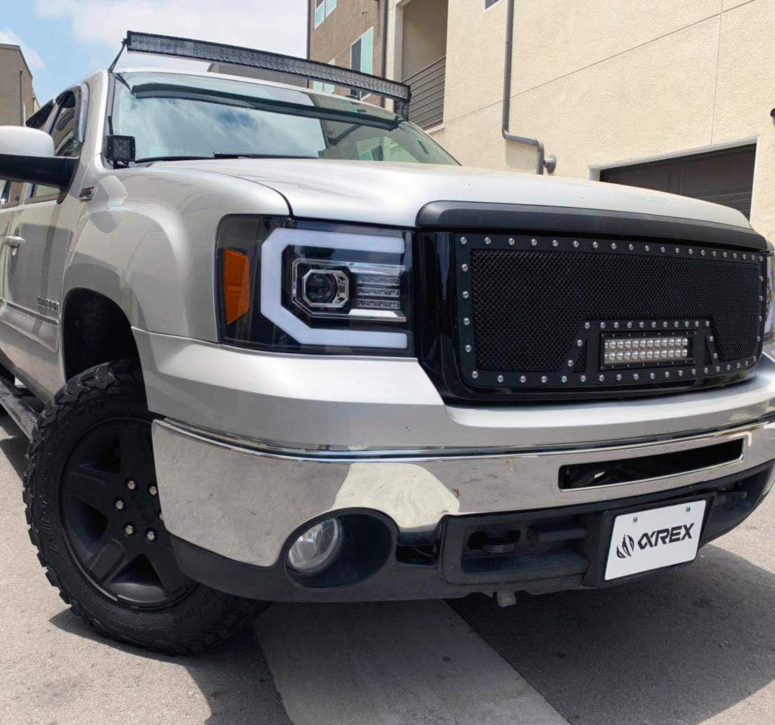 AlphaRex Base Model Jet Black Fit 07-13 GMC Sierra 1500/07-14 Sierra 2500HD/3500HD LED DRL Tube Dual Projector Headlights
