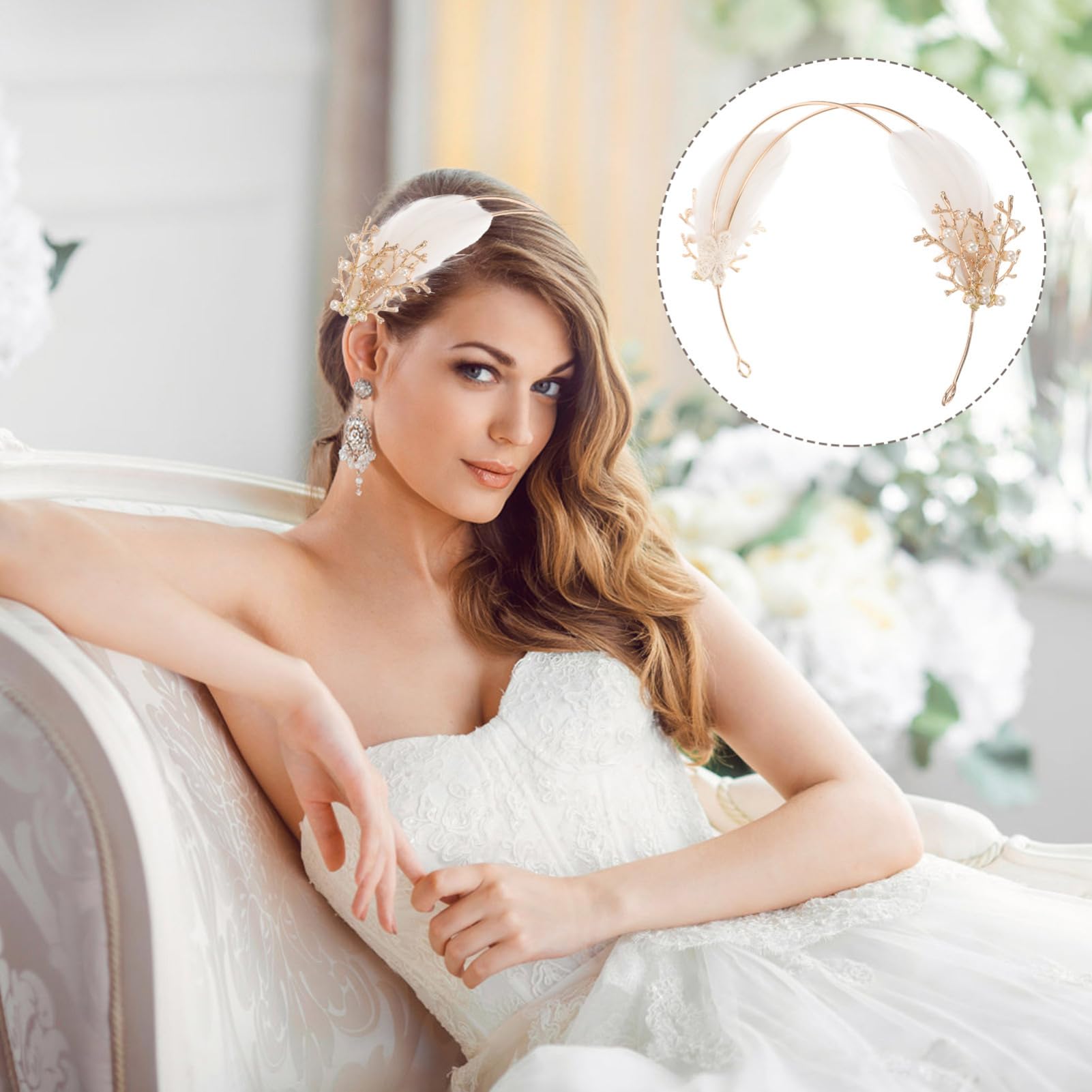 Diadema de Plumas para Mujer Blanco Metal Elegante de Boda | Adorno Rama Dorada, Complemento para Cumpleaños y Sesiones Fotográficas, Estilo Delicado