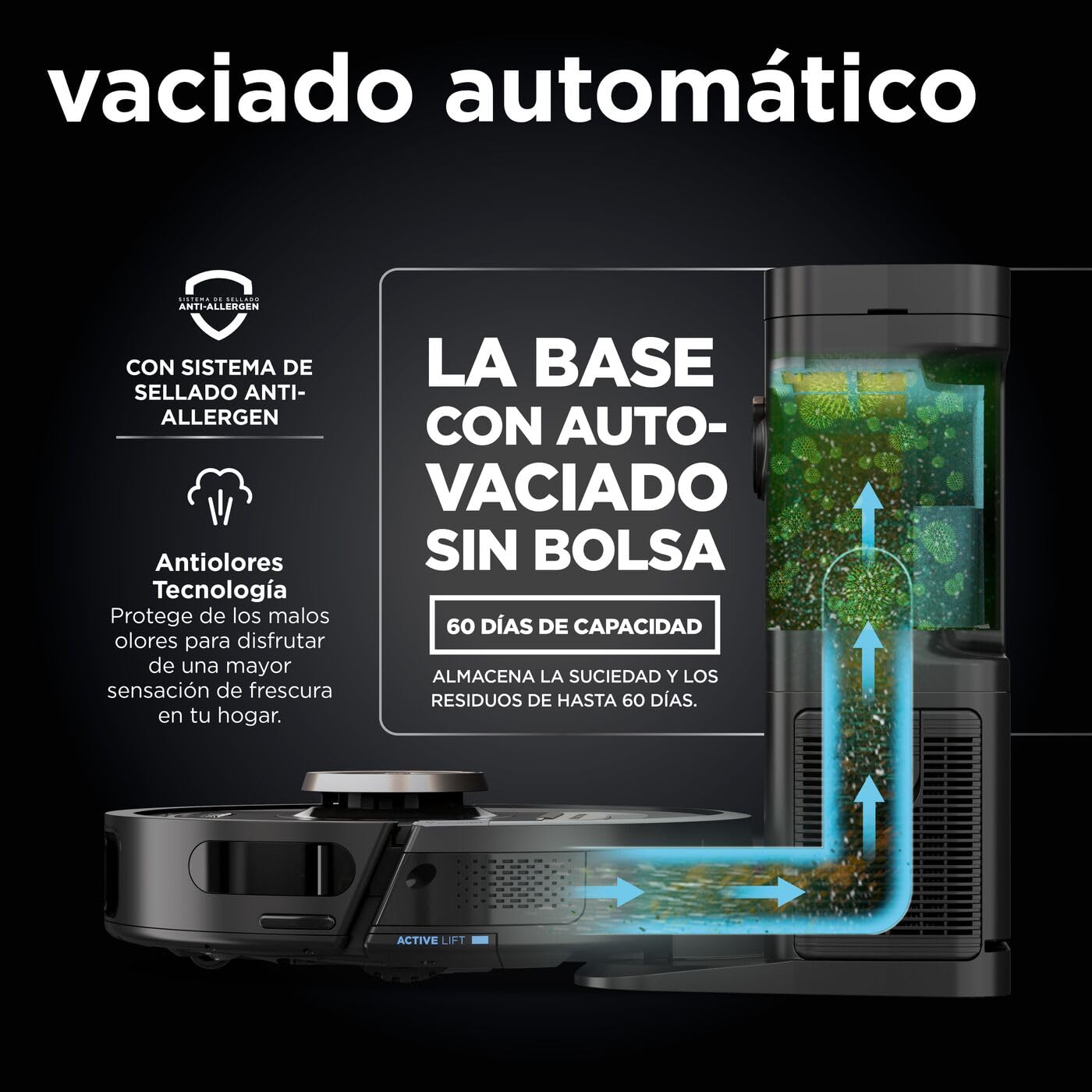 Shark PowerDetect, Robot Aspirador, Vaciado Automático, Negro, RV2820VEEU | Navegación 3D y LiDAR, Base Antialérgenos, Tecnología NeverStuck, para Alfombras, Suelos y Pelo de Mascotas, WiFi/App