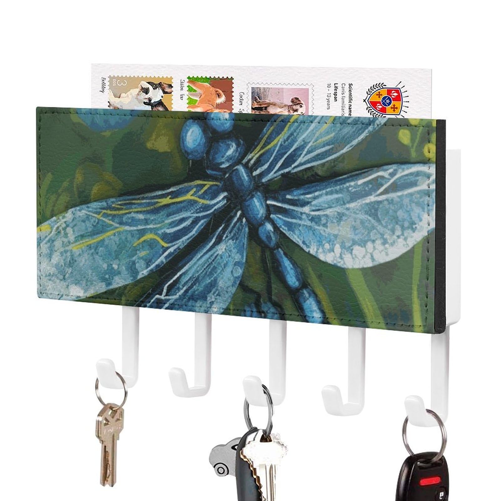 JTREHY Hand Painted Blue Dragonfly Holder Wall-Mounted Key and Mail Holder,Key Rack with 5Keys Hooks, Easy to Install Mail Organizer for Entryway, Front Door, Hallway, Office