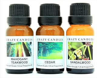 Crazy Candles 3 Bottles Set, 1 Sandalwood, 1 Cedar, 1 Mahogany Teakwood 1/2 Fl Oz Each (15ml) Premium Grade Scented Fragrance Oils