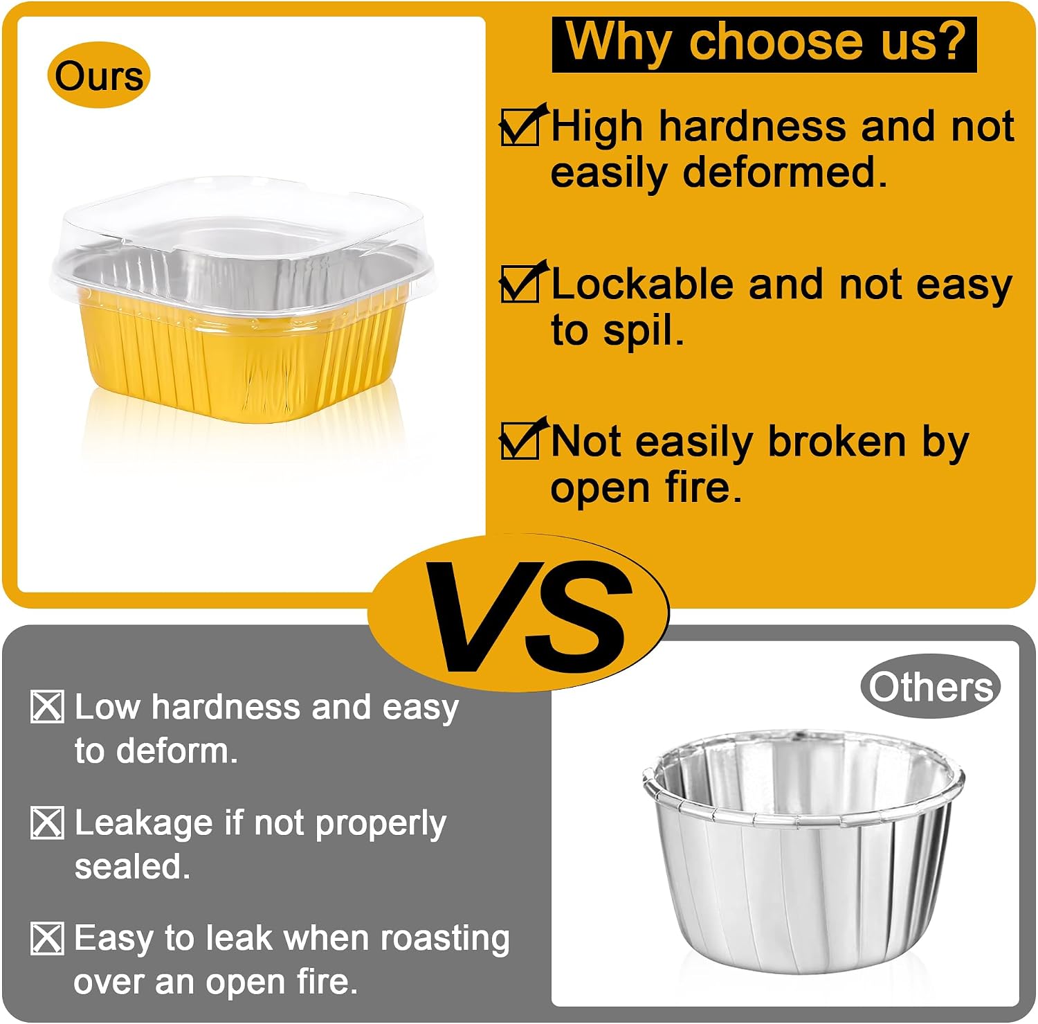 100 Pack Mini Square Baking Cups with Lids, 10oz Disposable Aluminum Foil Brownie Baking Cups, Mini Aluminum Foil Cupcake Muffin Tin Ramekins for Wedding Birthday Party, Gold