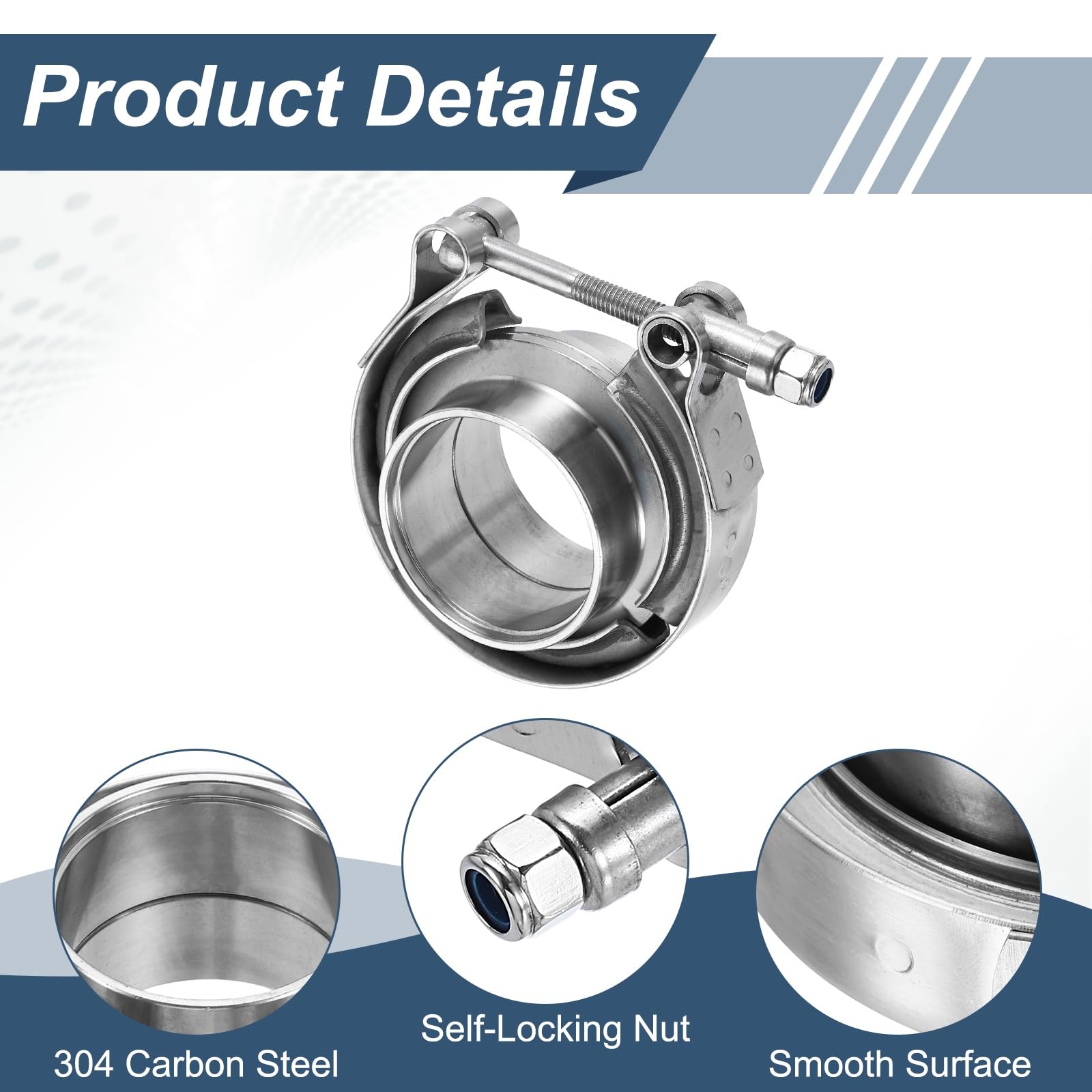 QUARKZMAN V Band Clamp Avec Flange 1.75 Pouce 304 Acier Inoxydable Male Female V-Band Exhaust Clamp Flange Kit Pour Auto Downpipe Exhaust System, Silver