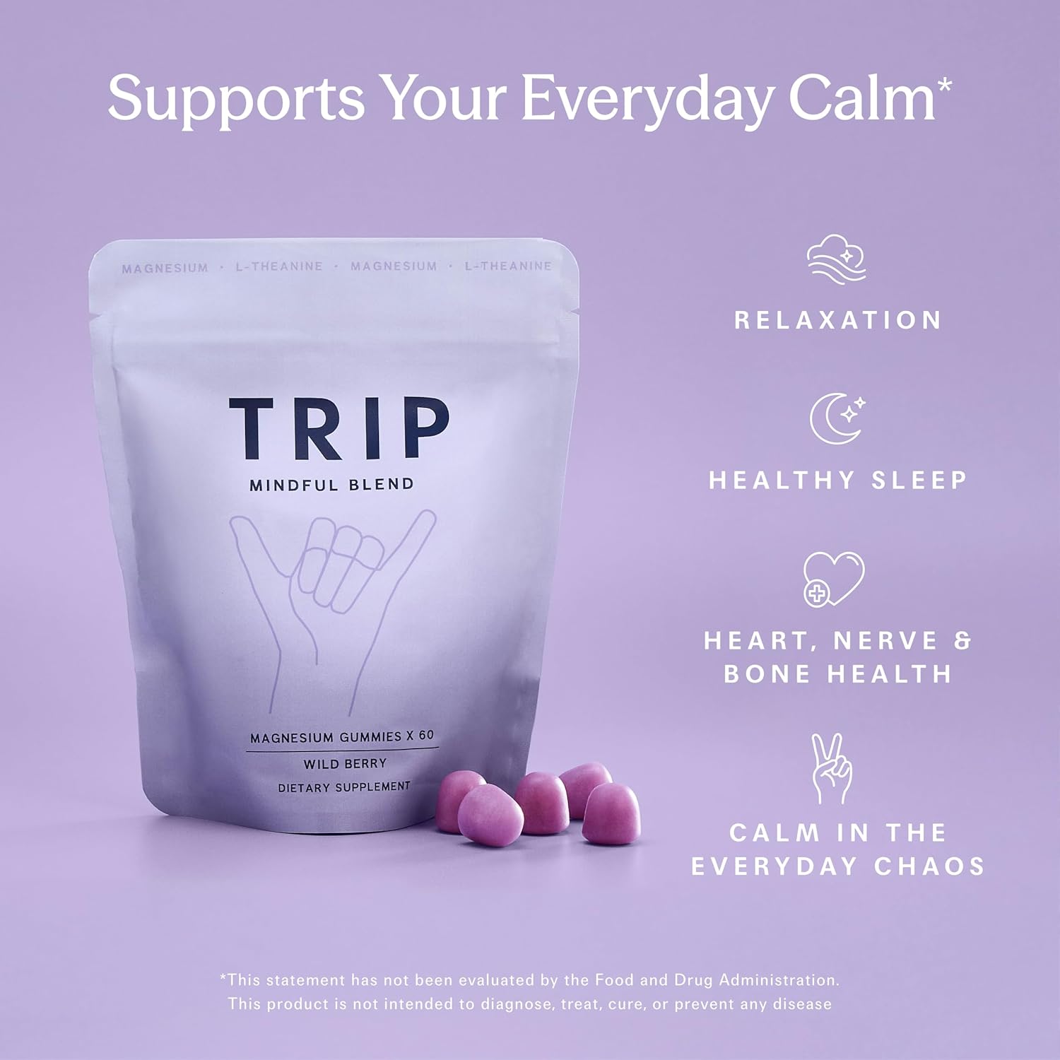 TRIP Magnesium Citrate Gummies Infused with L Theanine, Vegan, Sugar Free Magnesium Supplement for Adults, 180mg per Serving, On The Go Calming Gummy, Wild Berry Flavor, 1 Bag - 60 Count - Image 2