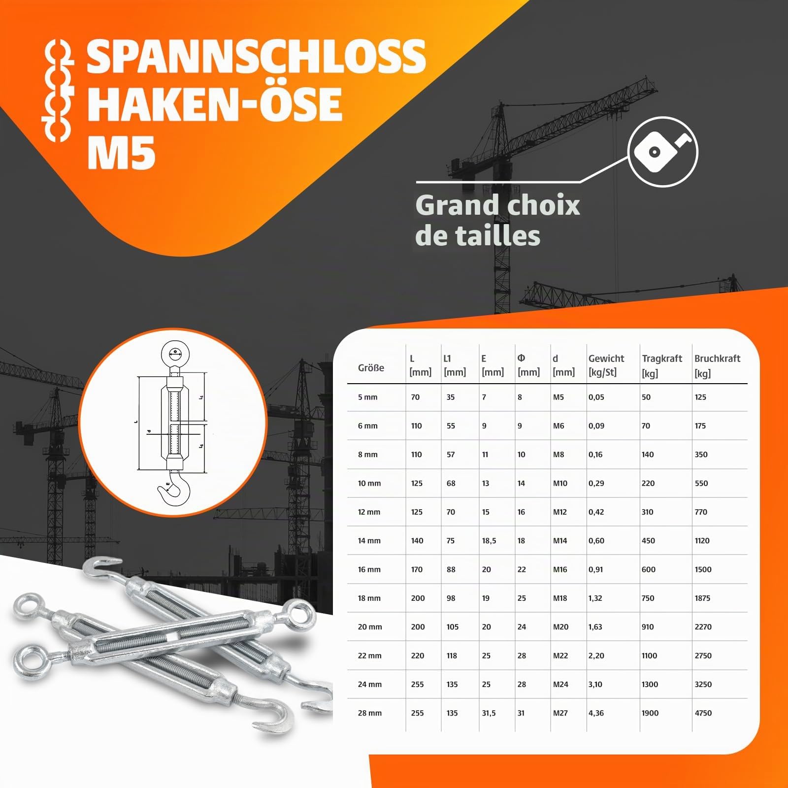 SET 15m câble acier galvanisé 6x19 6mm + 6 serre-câbles étrie et 2 tendeurs a cage crochet-oeil