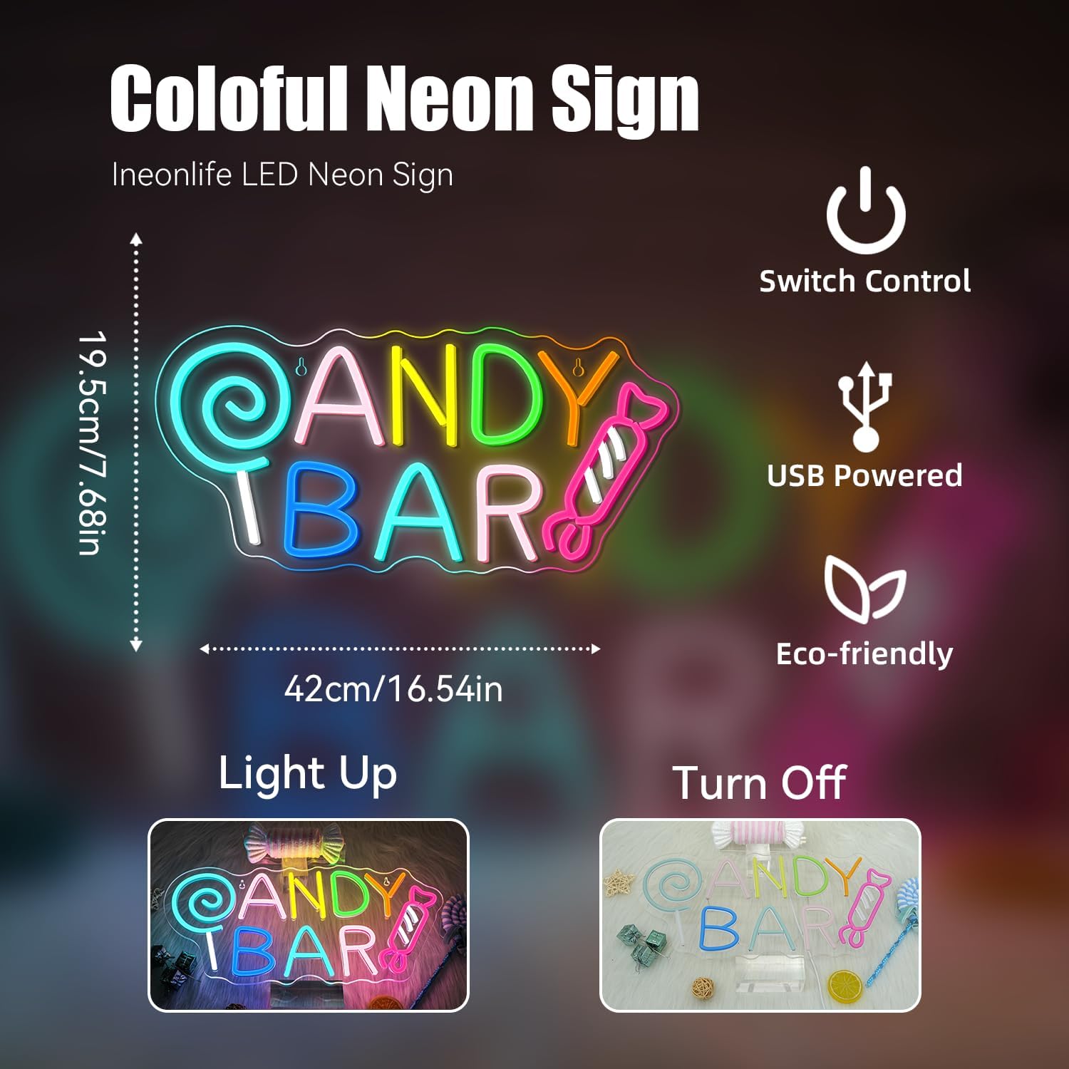 ineonlife Candy Bar Neon Sign Lollipop Neon Signs For Wall Decor Candy Decor Led Lights Birthday Party Teen Bedroom Candy Shop Lollipop Store Halloween Decorations Gifts USB Powered 16.54x7.68in