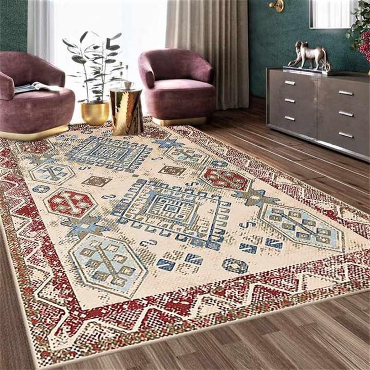 Tapis bleu décoration florale anti-poussière et facile à nettoyer