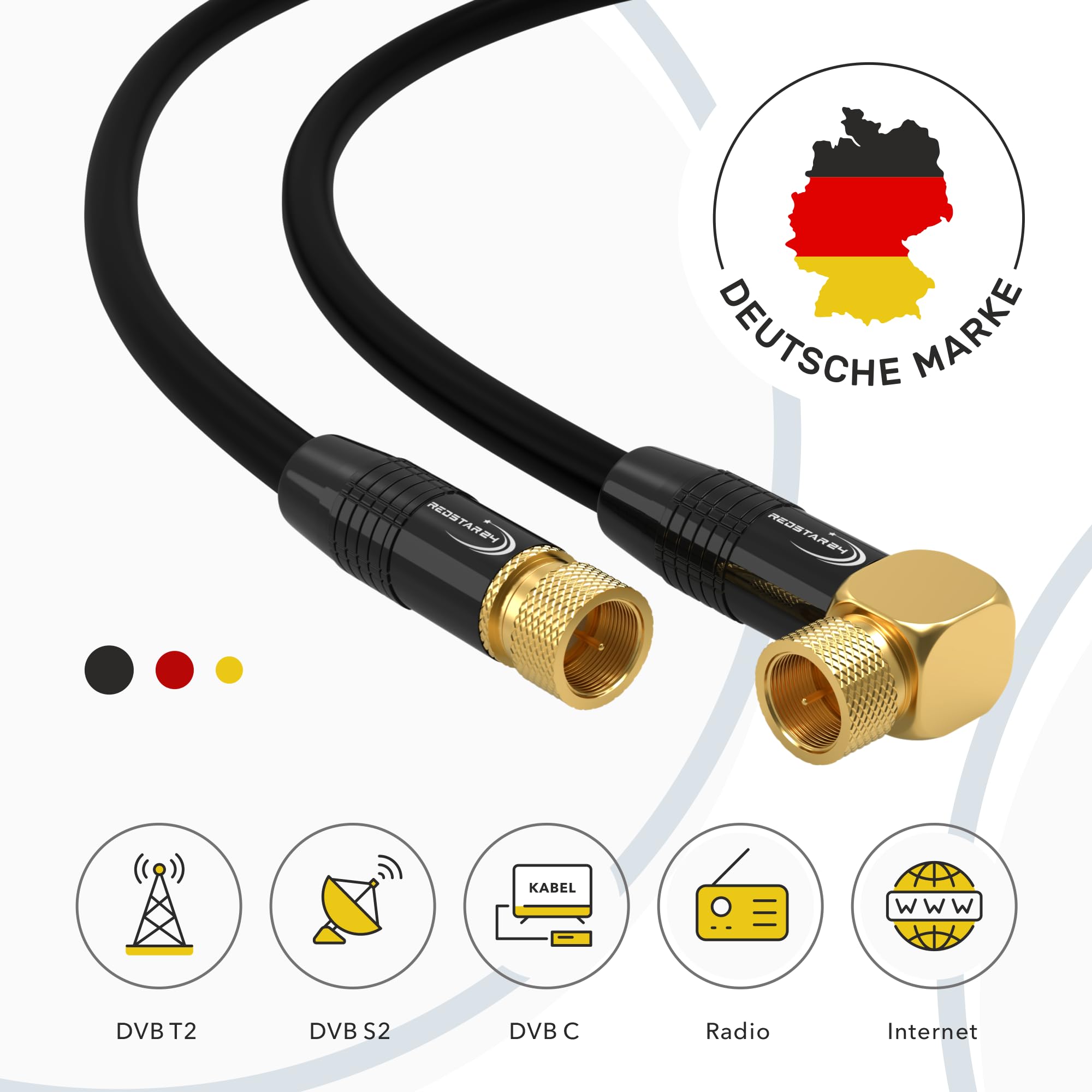 Cavo Antenna Satellitare 1m TV SAT HD Con 2 Connettori F (1 Angolato 90°) - Coassiale Ultra HD 4K 3D UHD Per Satellitari - Connettore Di Metallo - Nero - 1 Metro