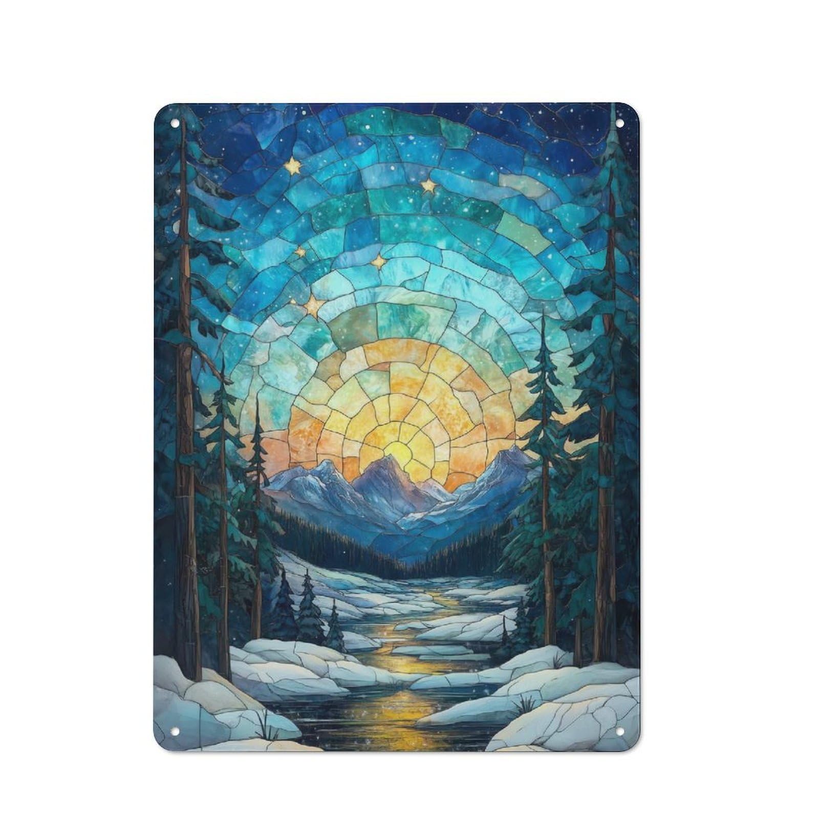 Junmoney Stained Glass Mountain Sunset Metal Wall Sign 40X30cm Featuring For Pub Or Café, For Kitchen, Dining Room And Home Bar Wall Decor