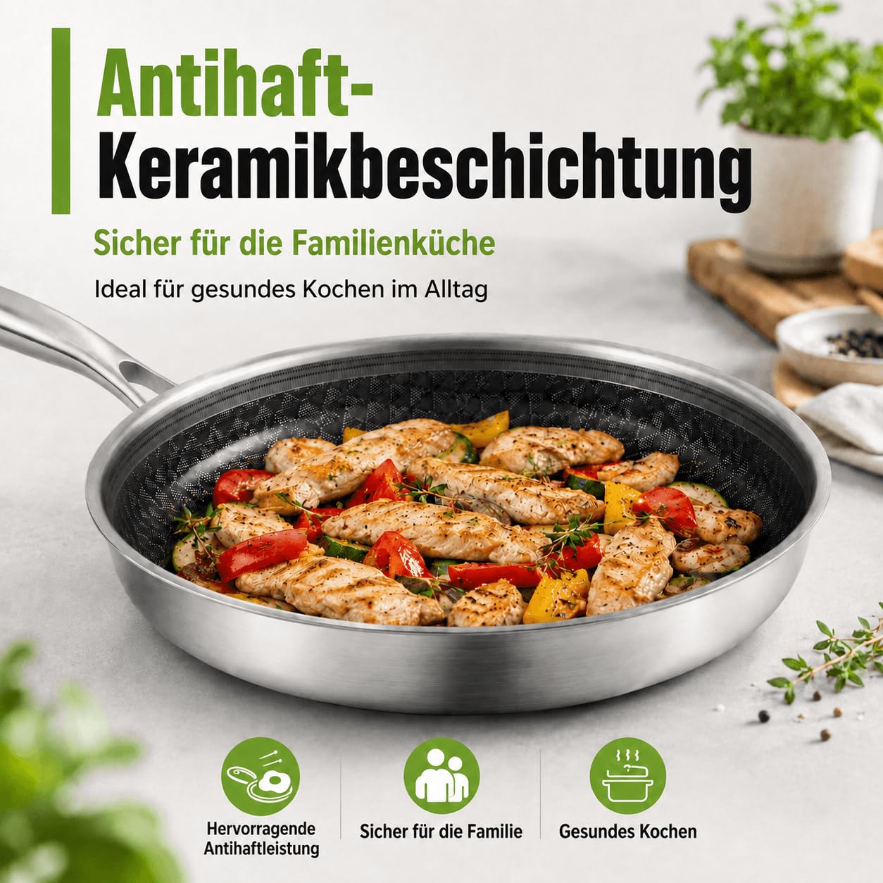 Bratpfanne 28 cm mit Keramischer Antihaftbeschichtung | Kratzfest, Gleichmäßige Wärmeverteilung, 20% Energieersparnis, 5-schichtiger Aufbau Edelstahl Pfanne, Induktionsgeeignet