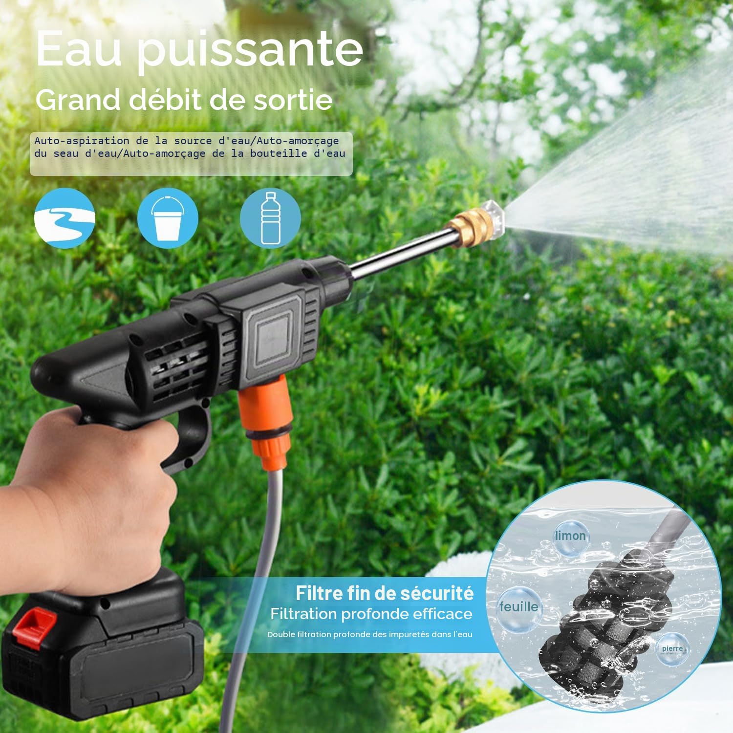 Nettoyeur Haute Pression sans Fil Portable Max 90 Bar avec 2 Batteries, Buse Multi-pulvérisation 6 en 1, Tuyau de 5M, Lance D'extension, Outil de Nettoyage de Voiture en Plein Air pour Jardin