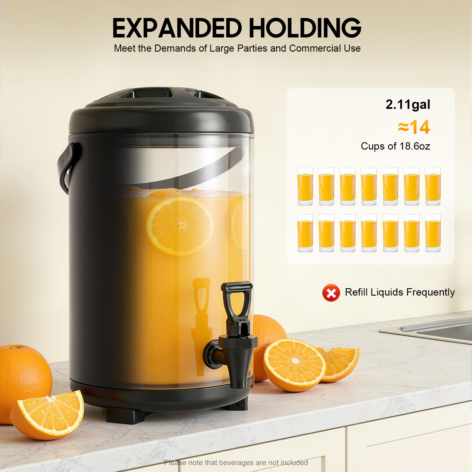 Distributeur De Boissons Isotherme 10L Fontaine À Boissons Chaudes Froides, Distributeur Jus Café Thé Acier Inoxydable Noir, Conservation 4-8H Avec Robinet Récipient Isotherme Pour Boissons