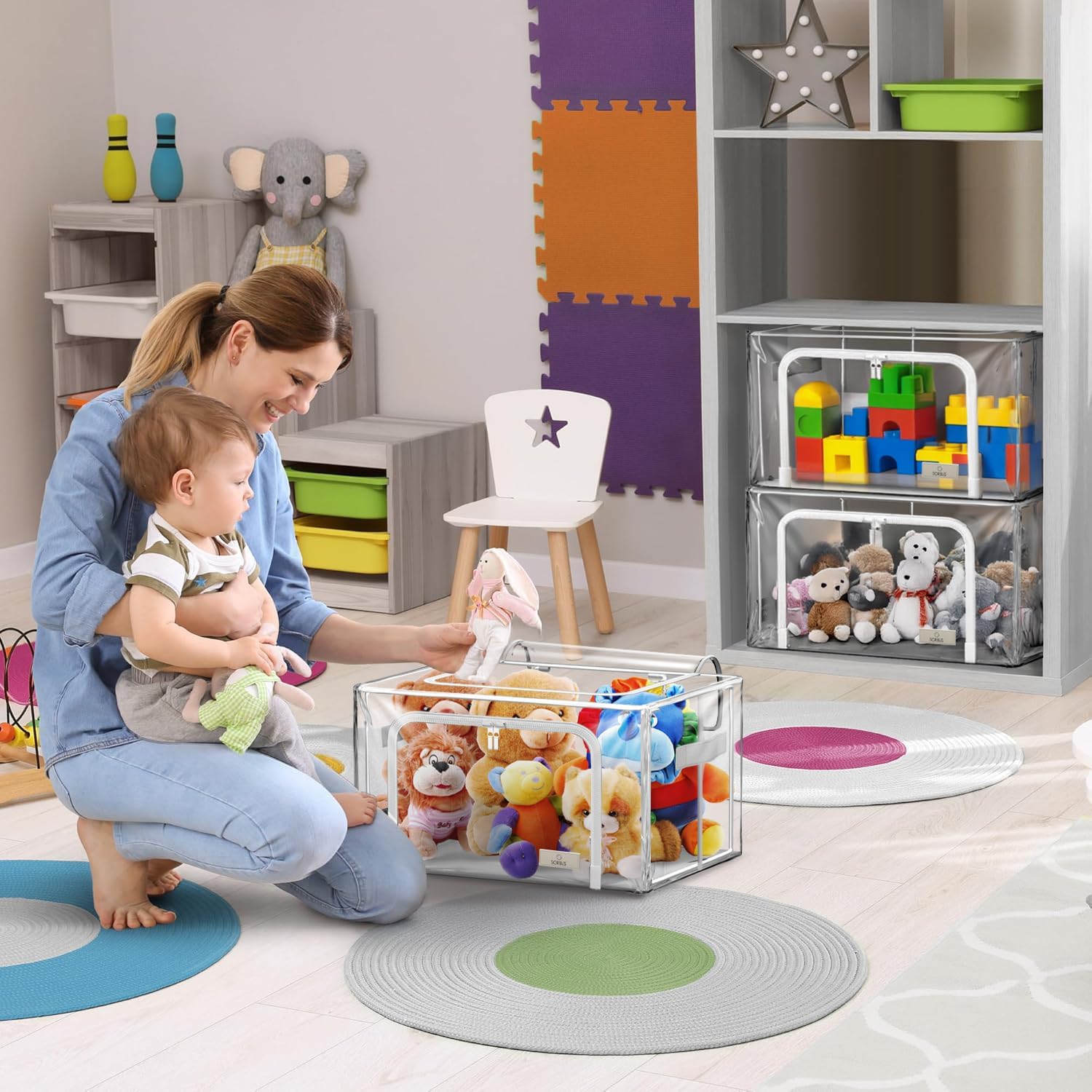 Sorbus Storage Bins with Metal Frame - Stackable & Foldable Clothes Organizer Bags - Clear Soft Plastic Storage Containers (4 Pack, Medium)