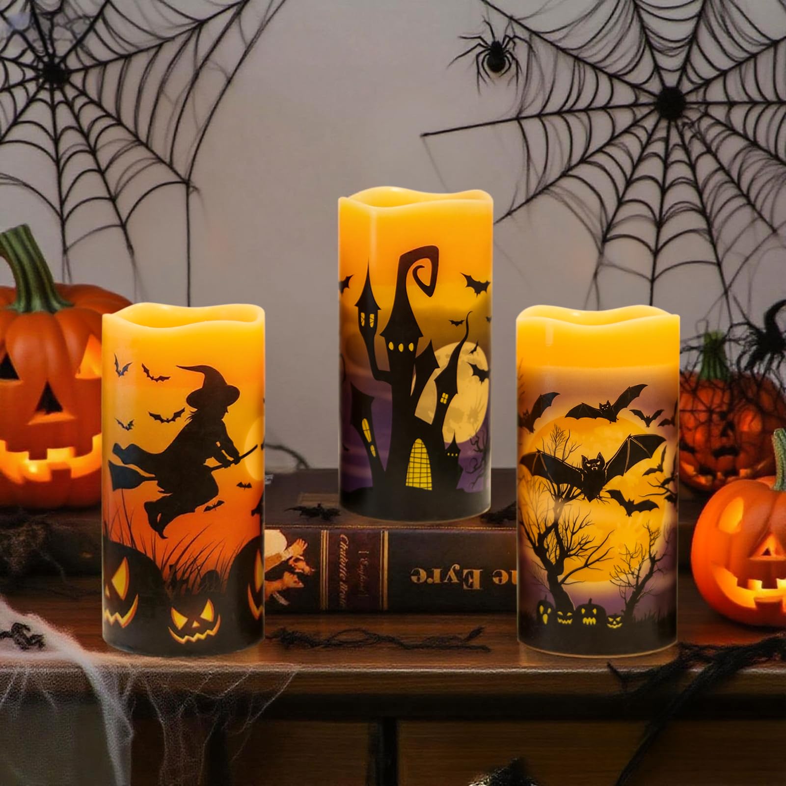 Candele ricaricabili per Halloween, senza fiamma, a batteria, con telecomando e timer, in vera cera tremolante, LED, pipistrelli, strega, zucca, cena, Halloween, decorazione per interni