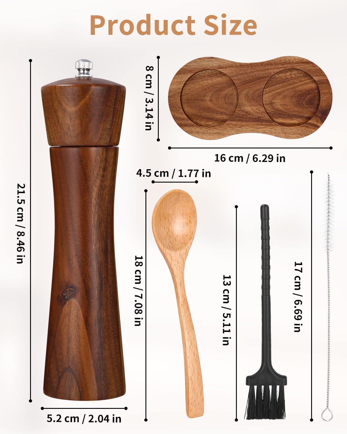Juego de 2 molinillos de sal y pimienta de madera, molinillo de especias con mecanismo de cerámica, salero y pimentero con plato, molinillo de pimienta, ajustable para especias, pimienta, sal, juego