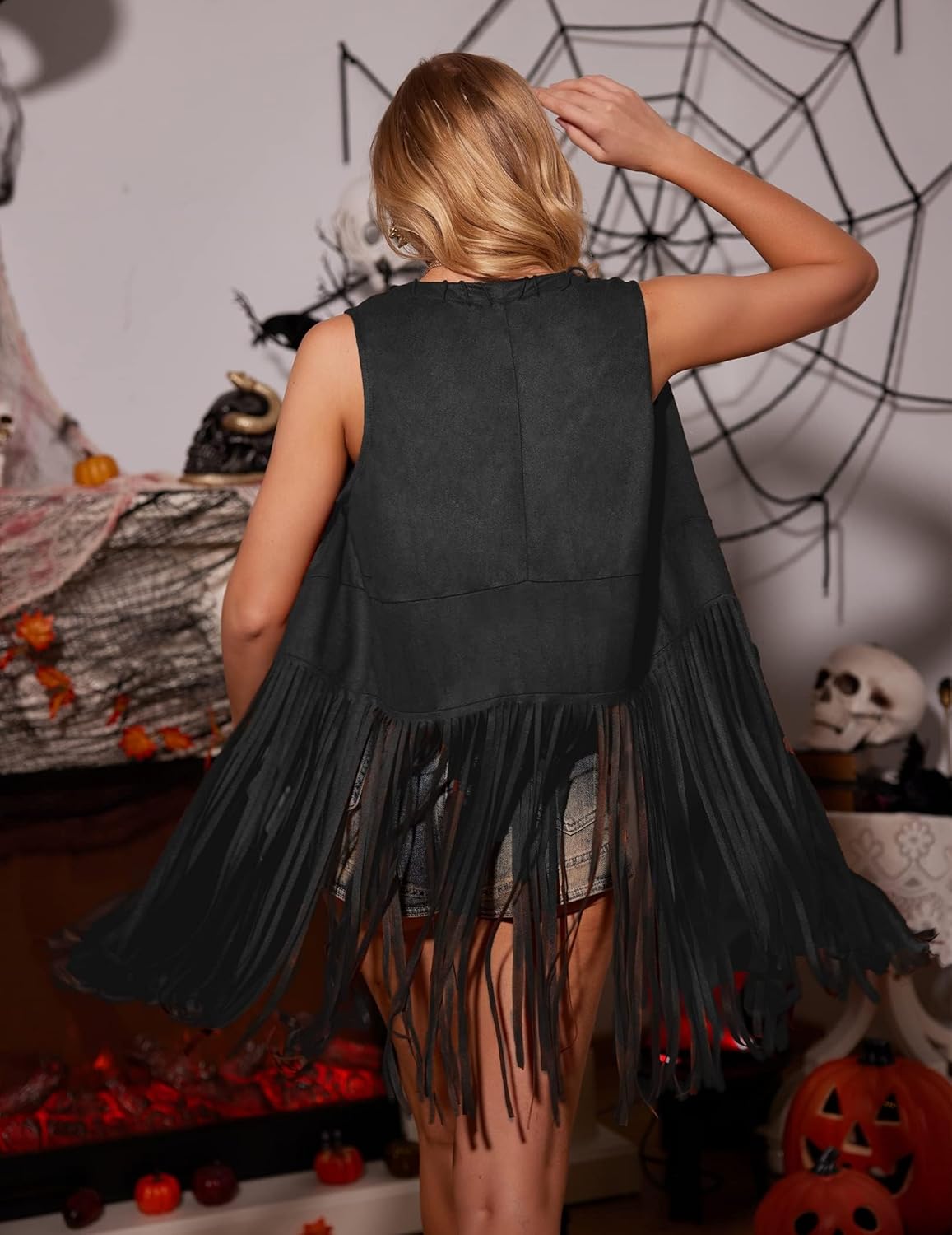 HOTOUCH Women Fringe Vest 70s Hippie Faux Suede Sleeveless Tassels Cardigan Cowgirl Western Tops