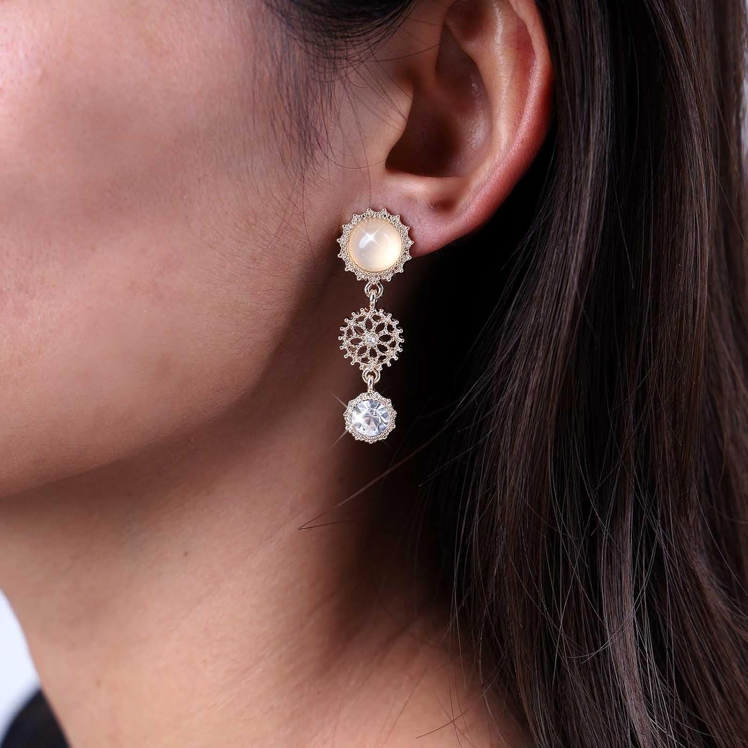 Boho Crystal Drop Earrings Gold Moonstone Stud Earrings Filigree Flower Dangle Earrings Long Cz Flower Earrings Jewelry for Women - Image 5