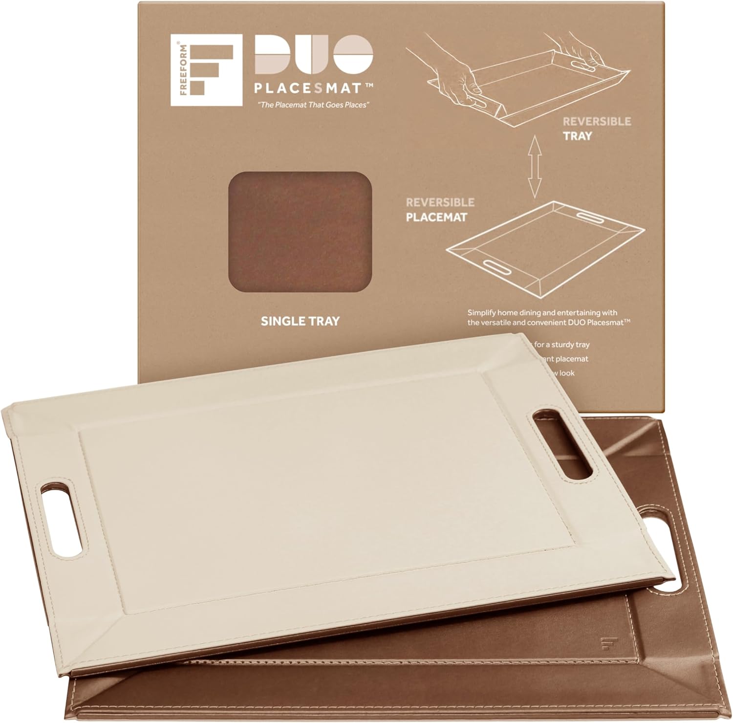 FREEFORM PLACEsMAT 2-in-1 Faux Leather Placemat & Serving Tray | Reversible Design, Lays Flat & Easy to Clean | Ottoman Food Tray, Perfect Housewarming Gift, 18” x 14” (Bronze & Stone, Single)