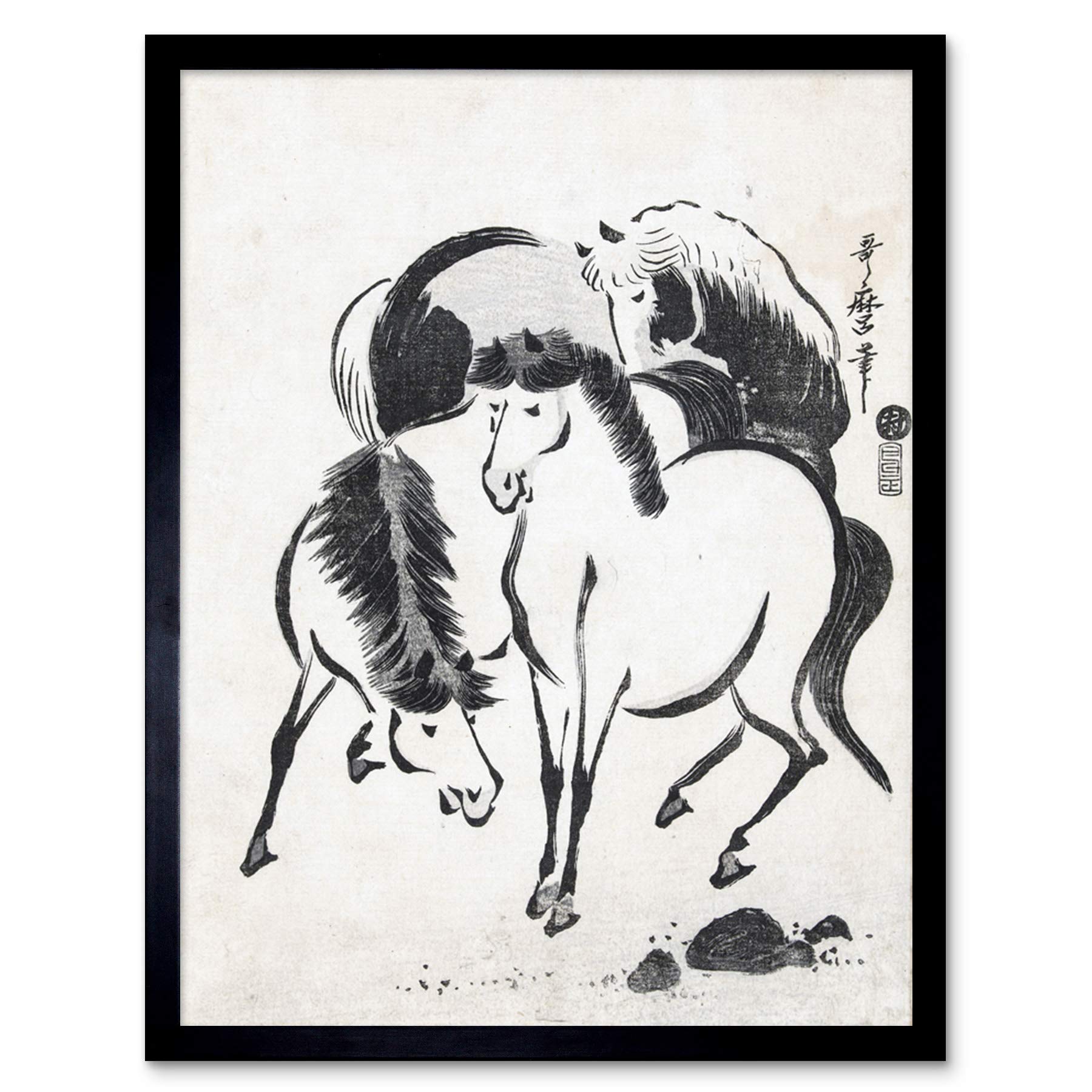 Artery8 Kitagawa Utamaro Three Horses Japanese Drawing Art Print Framed Poster Wall Decor 12x16 inch