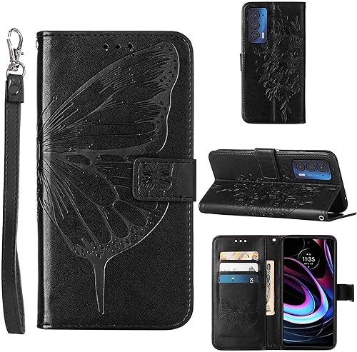 Funda compatible con Motorola Edge 2021, función atril, correa de muñeca, ranuras para tarjetero, diseño floral de mariposa, funda de piel sintética