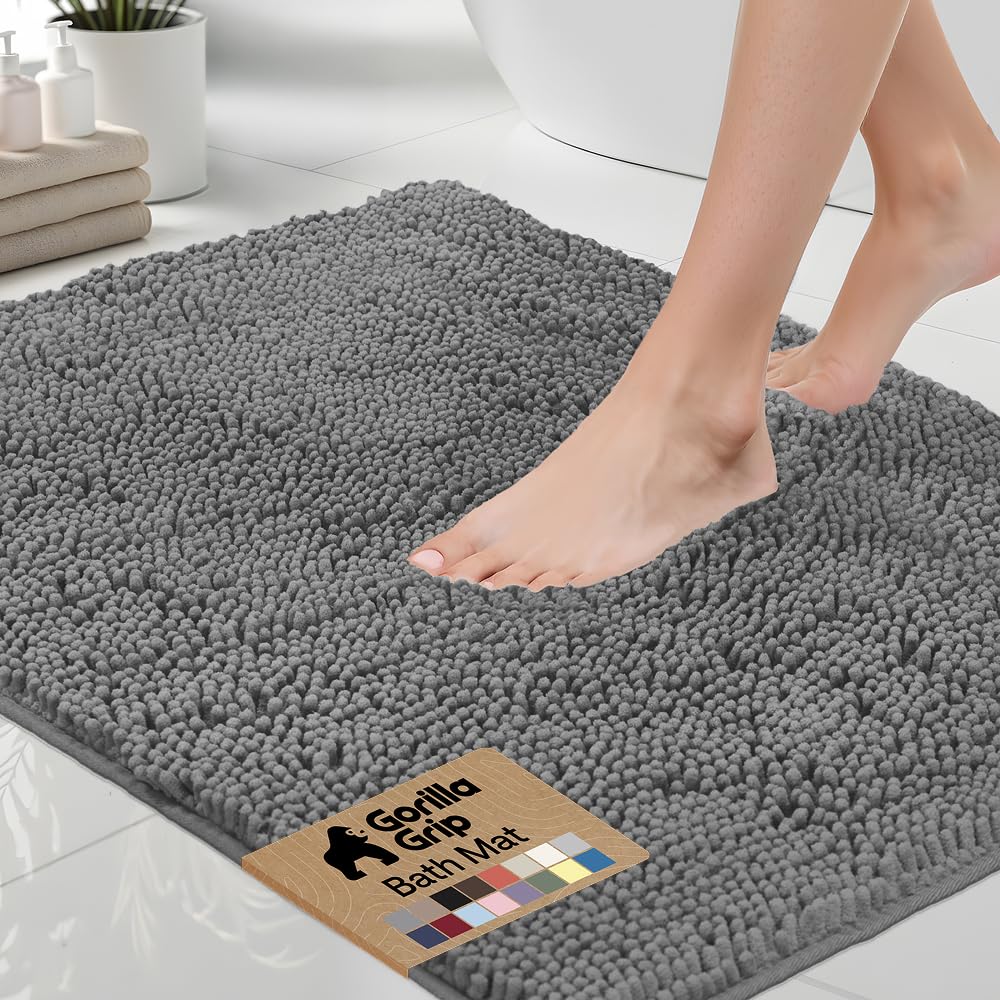 GORILLA GRIP Bath Rug Mat, Thick Soft Absorbent Chenille, Quick Dry Microfiber Mats, Rubber Backing Washable Shower Floor Rugs, US Designed Bathroom Bathmat Home Decor Accessories, 24x17, Grey