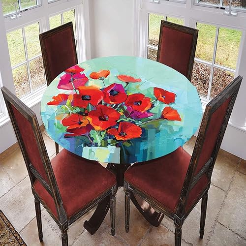 Miniatura 2 de Mantel redondo impresionista con borde elástico, pintura floral con colorido ramo de flores en jarrón, adecuado para bodas, banquetes, restaurantes
