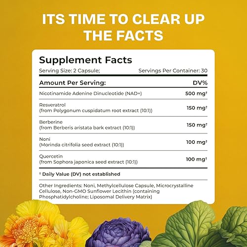 Miniatura 6 de Suplementos liposomales NAD para mujeres Resveratrol NAD + Suplemento con berberina, quercetina, noni  Aumenta el NAD antienvejecimiento, apoyo