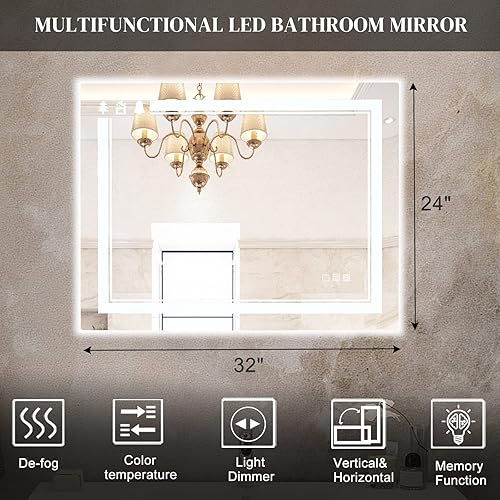 Miniatura 7 de Espejo retroiluminado LED de 32 x 24 pulgadas espejo de baño con tira de luz incorporada función antivaho brillo ajustable táctil memoria de apagado