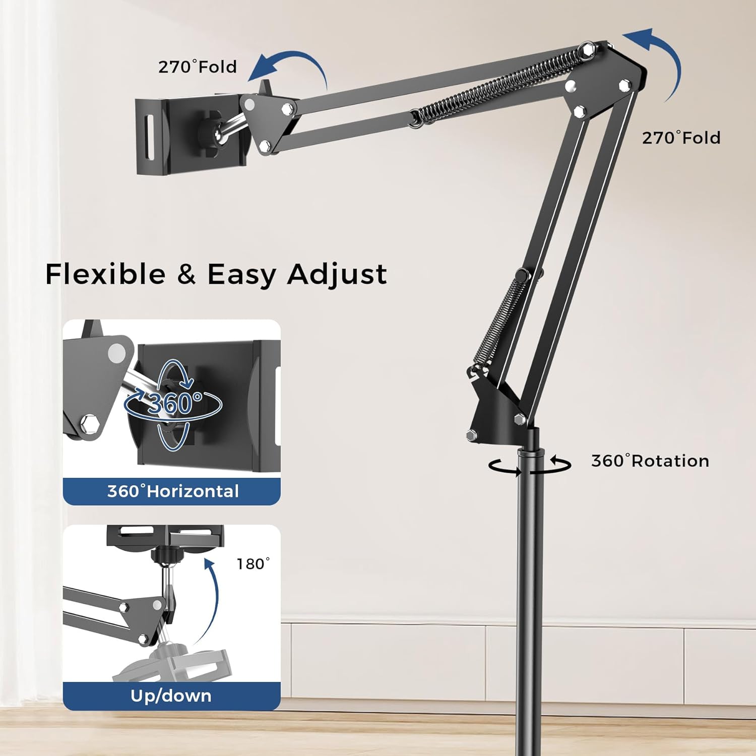 Floor Tablet Stand for Kindle Reading in Bed with Remote Page Turner Ring, Hands Free Tablet Arm Holder for Kindle Accessory, Compatible with iPhone Paperwhite eReader