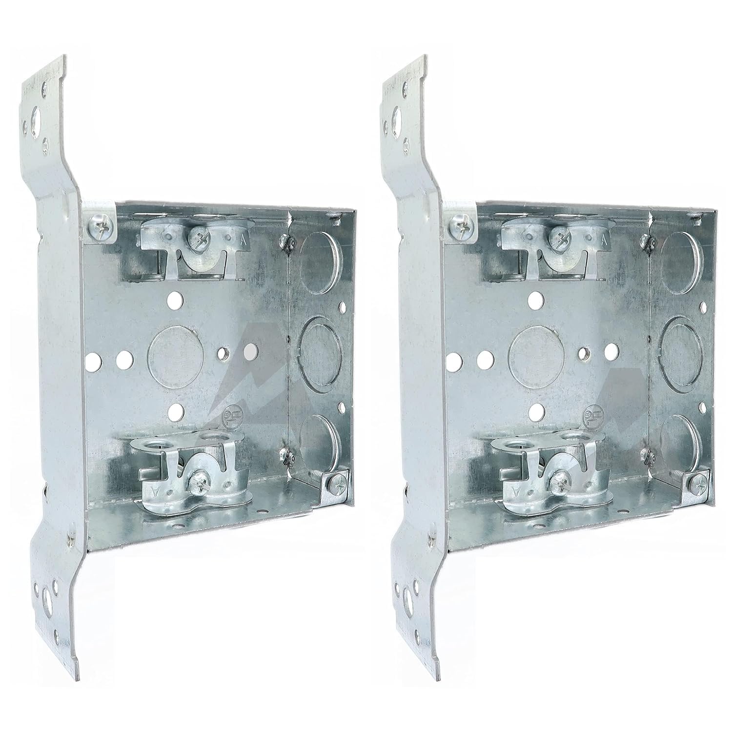 (2 Pack) 4-Inch Square Metal Box with Side Mounting Bracket, Welded, 1-1/2'' Deep, with 2 AC/MC/Flexible Cable Clamps, Three 1/2'' knockouts, 1 TKO, Combination Screw Heads, New Work-image-19