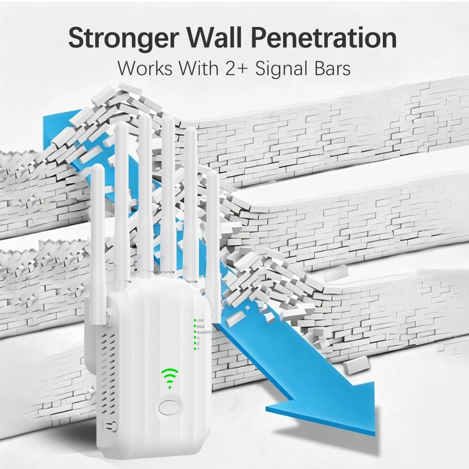 Amplificatore WiFi 1200 Mbps per Casa, Ripetitore Segnale WiFi 2.4GHz/5GHz con 6 Antenne ad Alto Guadagno, Porta LAN Gigabit, Modalità Router/AP, WPS, per Streaming Gaming Online Senza Interruzioni