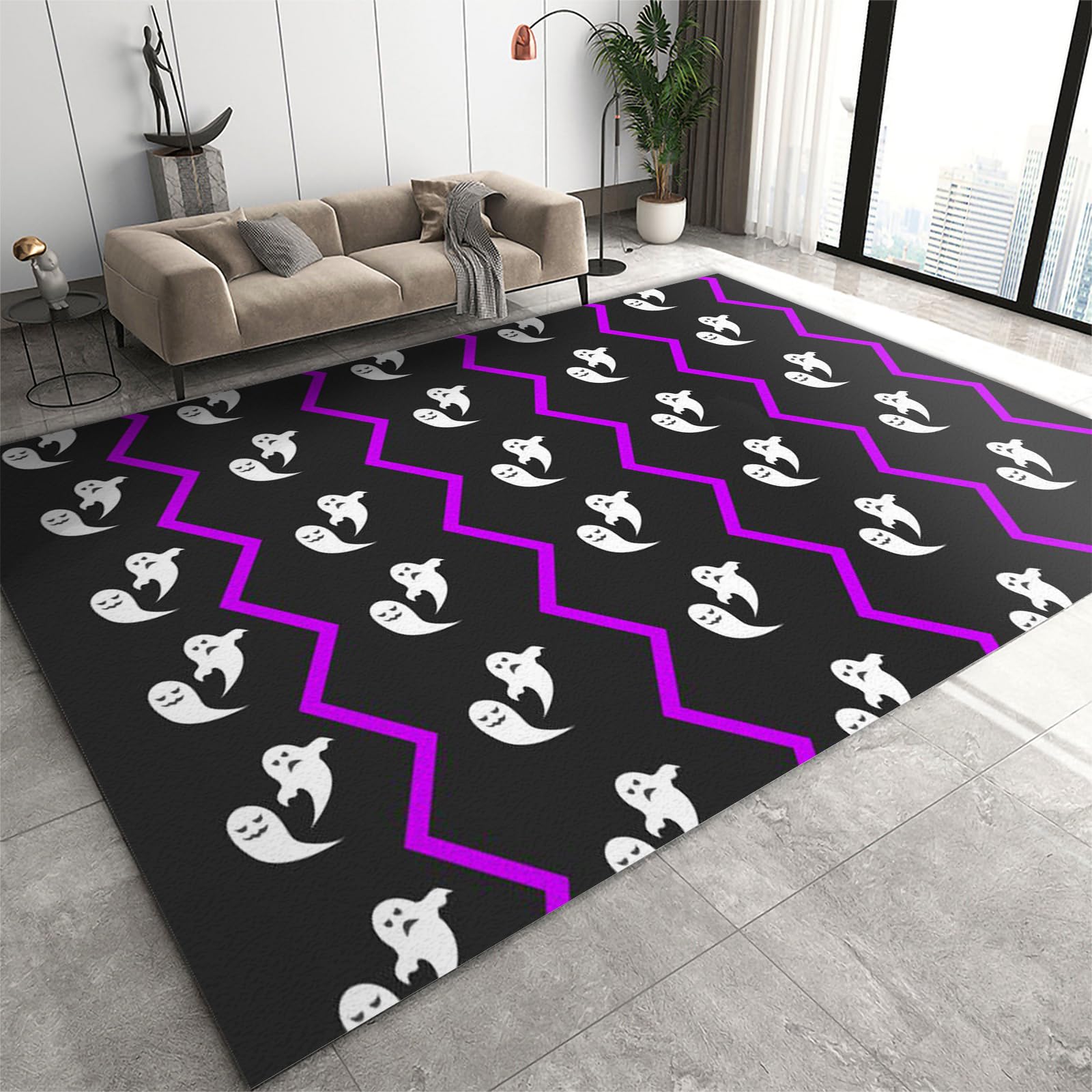 FIEMAR Area Rug 100 x 150 cm White Cartoon Ghost Flannel Rugs, Purple Lines Black Living Room Carpets Indoor Noise Reduction, Suitable for Halloween Bedroom Playroom Under Kitchen Table Laundry Room
