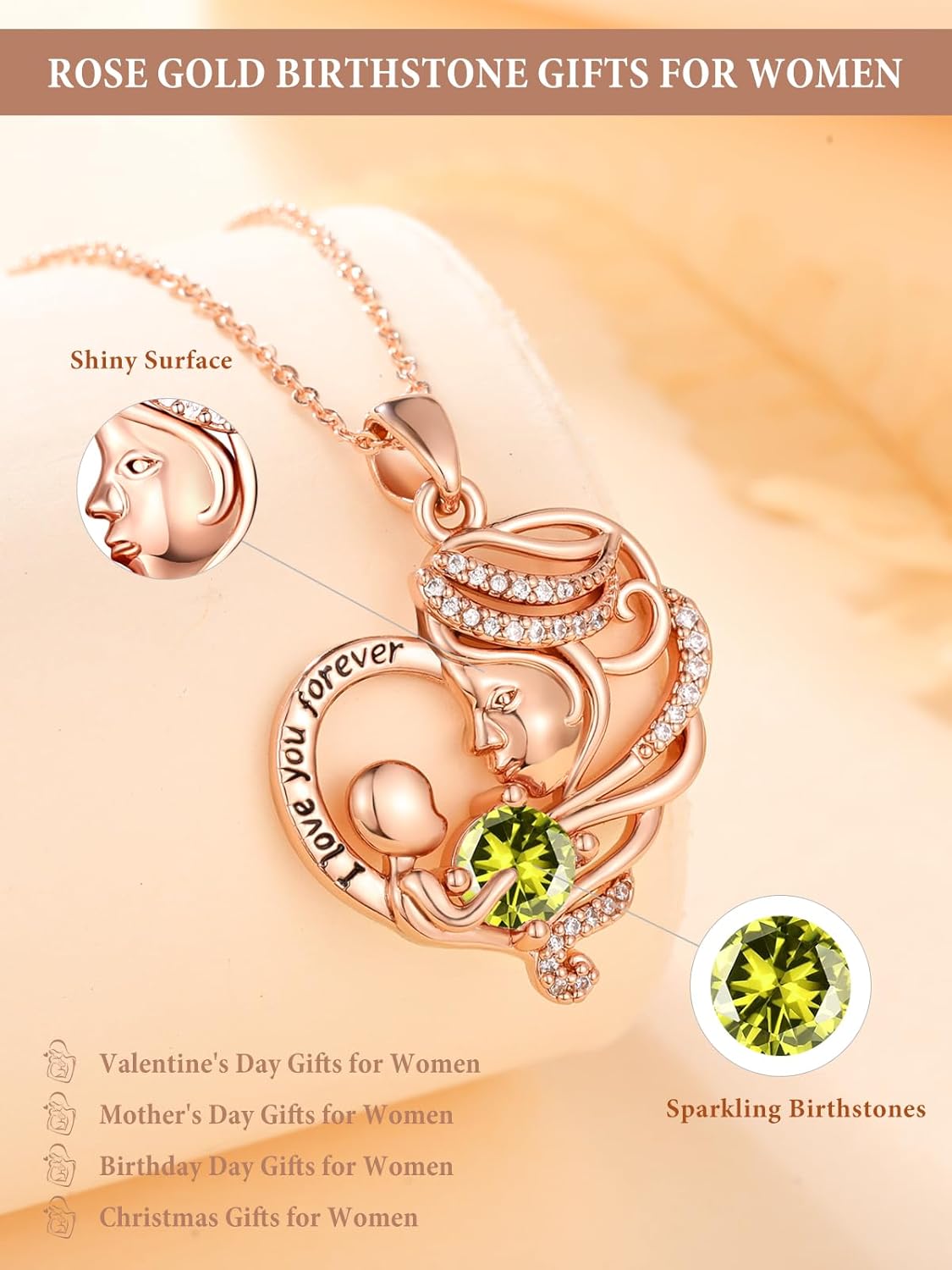 Rose Gold Necklace for Women Mom, Mother Son Forever Love Heart Birthstone Pendant Necklace Jewelry, Mothers Day Birthday Gifts for Grandma Wife - Image 4