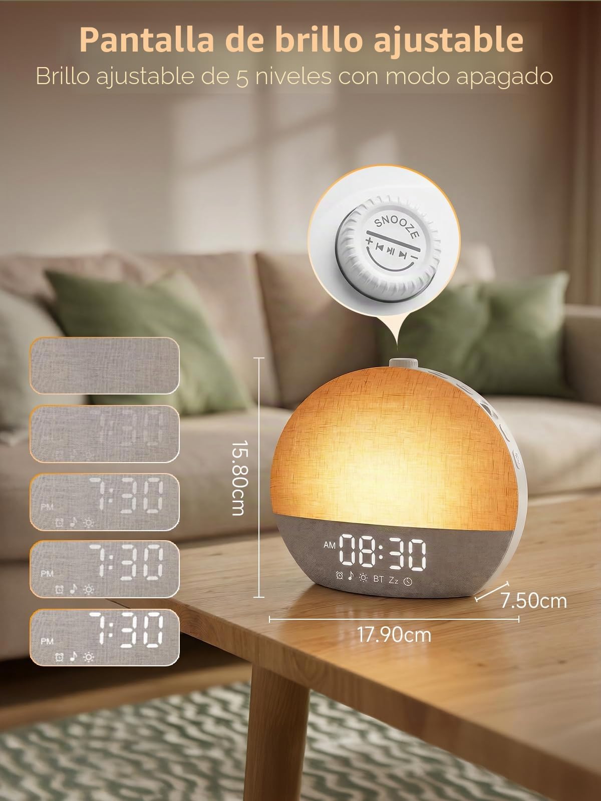 Despertador de Simulación de Amanecer con Luz Natural 17 Tipos de Iluminación, 30 Sonidos Relajantes, Asistencia para el Sueño, Bluetooth y Función de Alarma con Posposición
