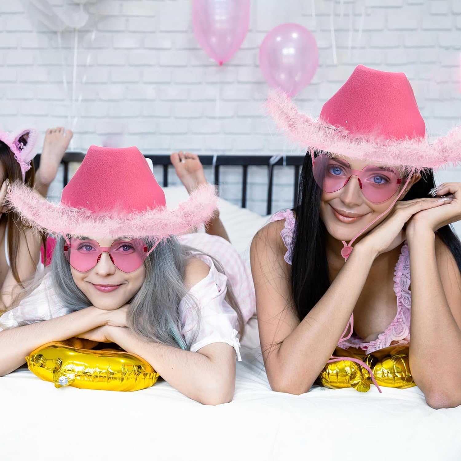 2 Pack Cowgirl Hat and Glasses, Pink Funcredible Fluffy Cowboy Hat Set, Sparkly Cowgirl Hats with Fluffy Feather Brim, Cowboy Costume Accessories for Women, Theme Party, Adult Size - Image 5