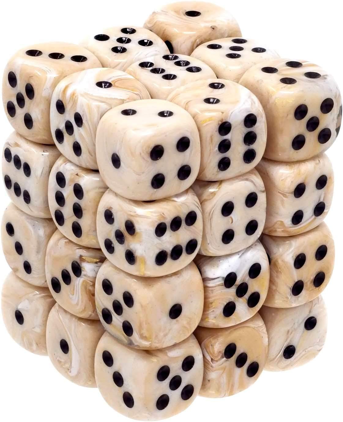 Chessex Dice d6 Sets: Marble Ivory with Black - 12mm Six Sided Die (36) Block of Dice