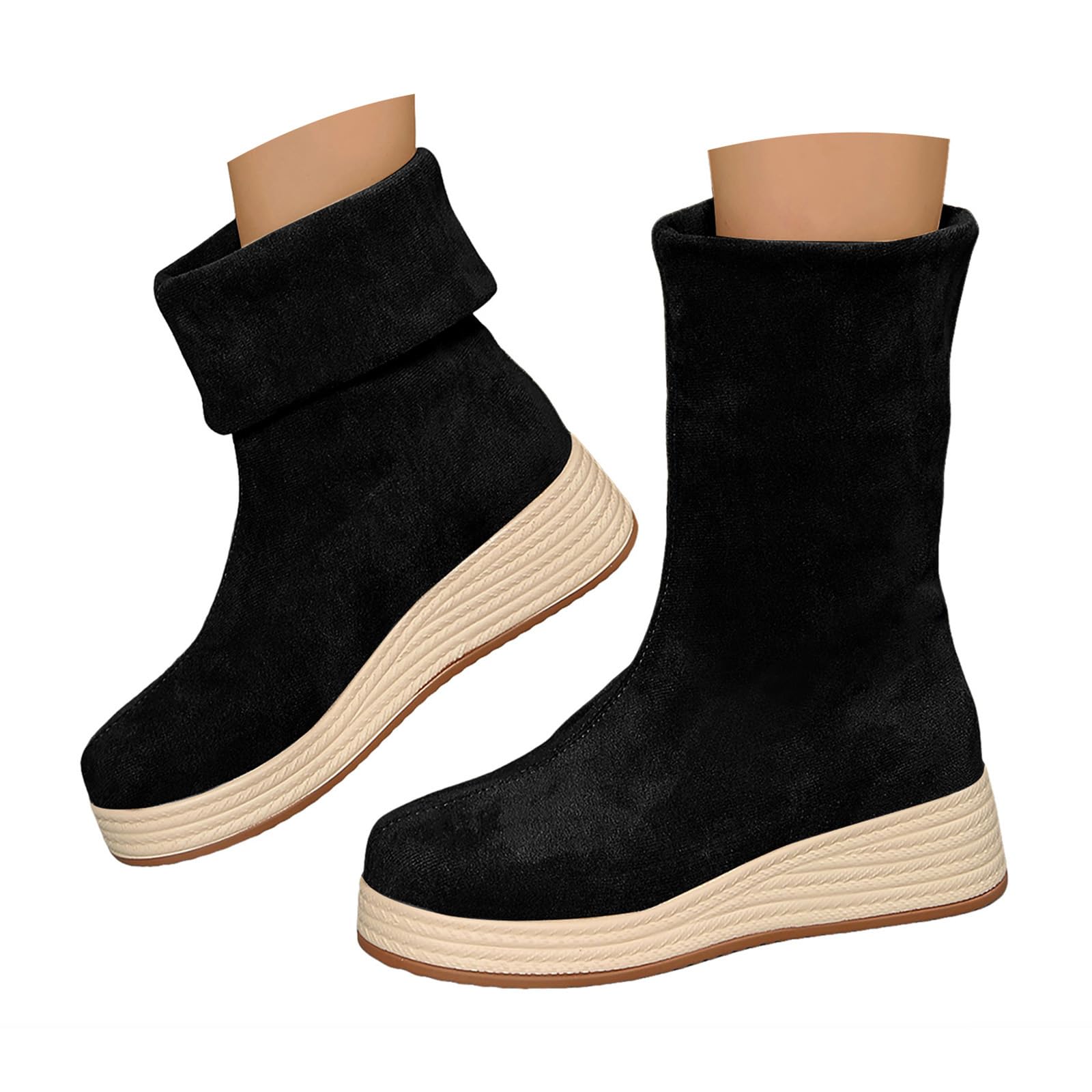 Womens Mid Calf Boots Black Suede Wide Width Vintage Wedge Boots Comfortable Pull On Slouch Winter Fall Walking