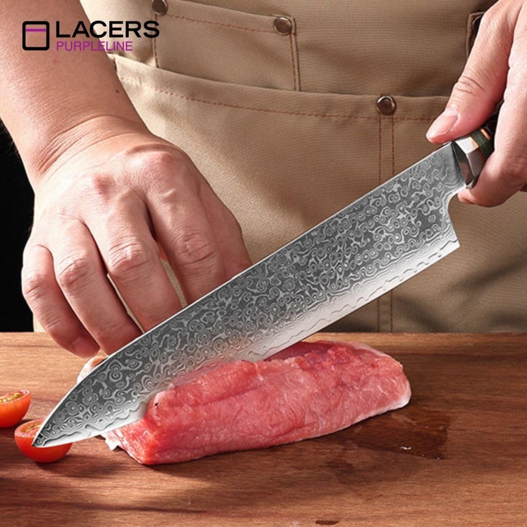 Lacers PurpleLine Damast Chefmesser 20cm Klinge (8 Zoll) Profi Küchenmesser aus Damaststahl mit Edlem Epoxidharz Griff & Geschenkbox - Extrem Scharfes Allzweck Kochmesser für Küche & Steak (M0007)