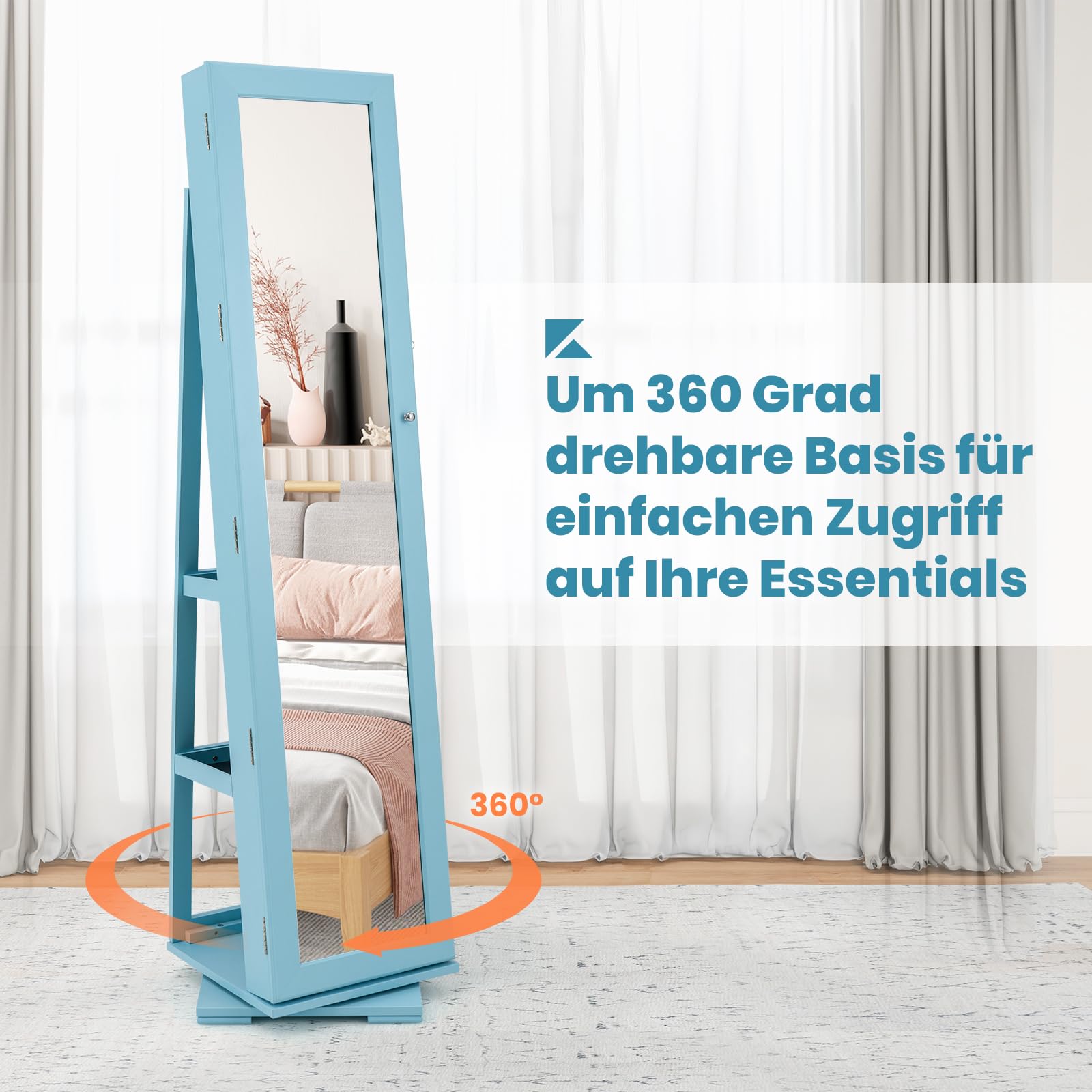 GOPLUS 3 in 1 Schmuckschrank mit spiegel, Spiegelschrank stehend, 360°drehbar, abschließbar, Standspiegel Schmuck Organizer mit großem Stauraum & Ablagefächern für Schlafzimmer (Blau)