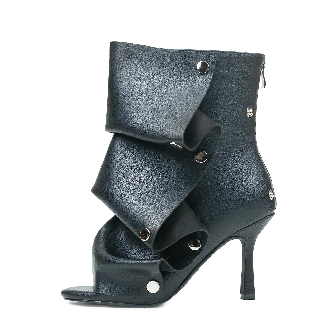 Winforea Women Open Toe Stiletto Heels Ankle Boots Ladies Wrinkles Back Zipper Buttons Boots